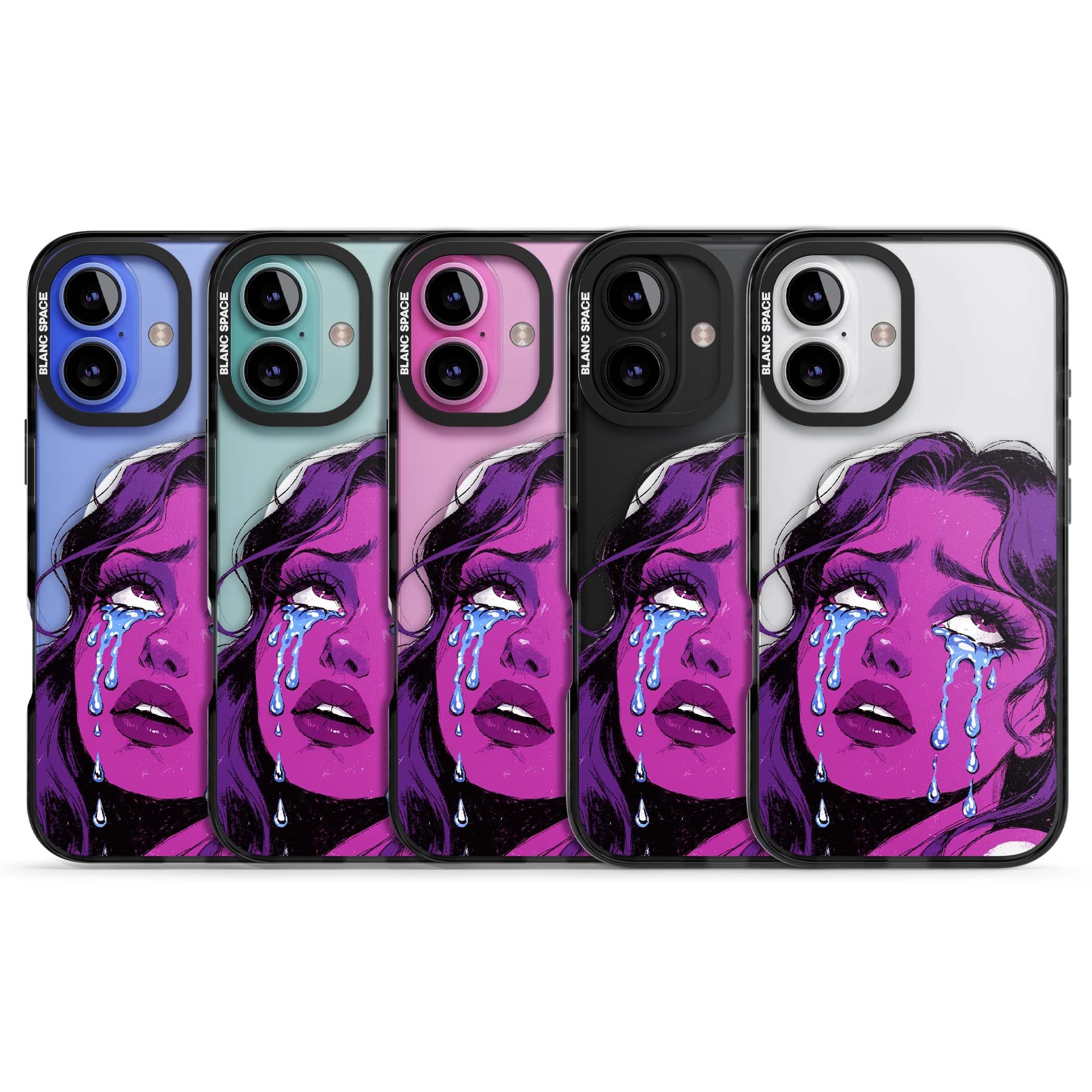 Drama Queen pop art iPhone case featuring a purple crying comic girl with blue tears | Black Impact Magsafe case for iPhone 16, iPhone 16 Plus