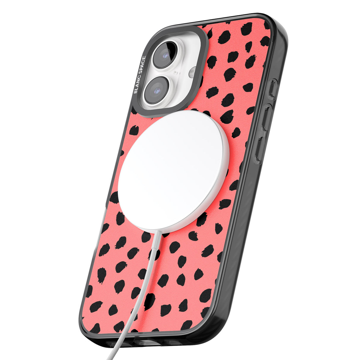 iPhone 16 Pro Max Black on Salmon Pink Dalmatian Polka Dot Spots Black Impact Phone Case