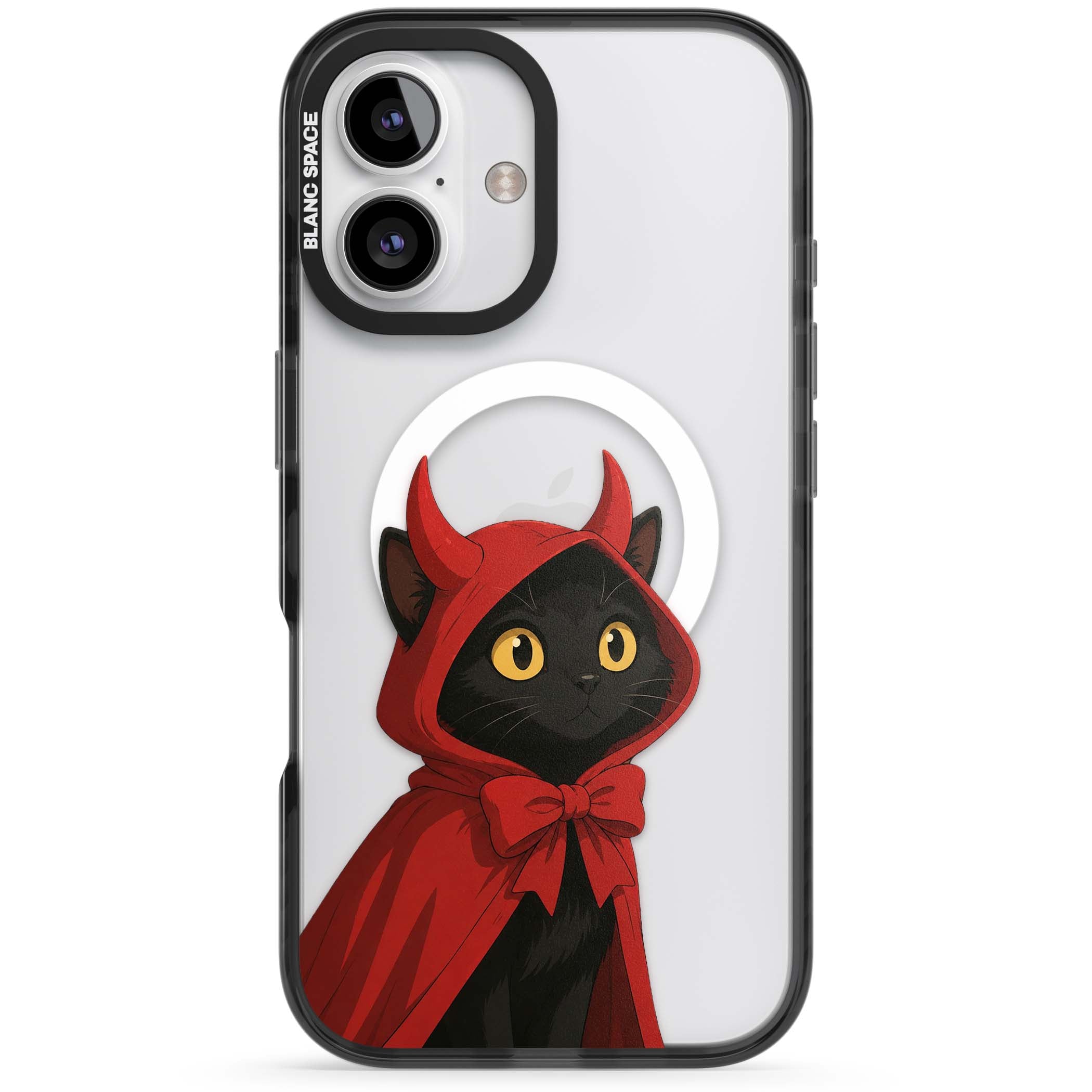 Little Devil halloween iPhone case featuring a black cat in a red hooded devil cloak with horns and golden eyes | Black Impact Magsafe case for iPhone 16, iPhone 16 Plus
