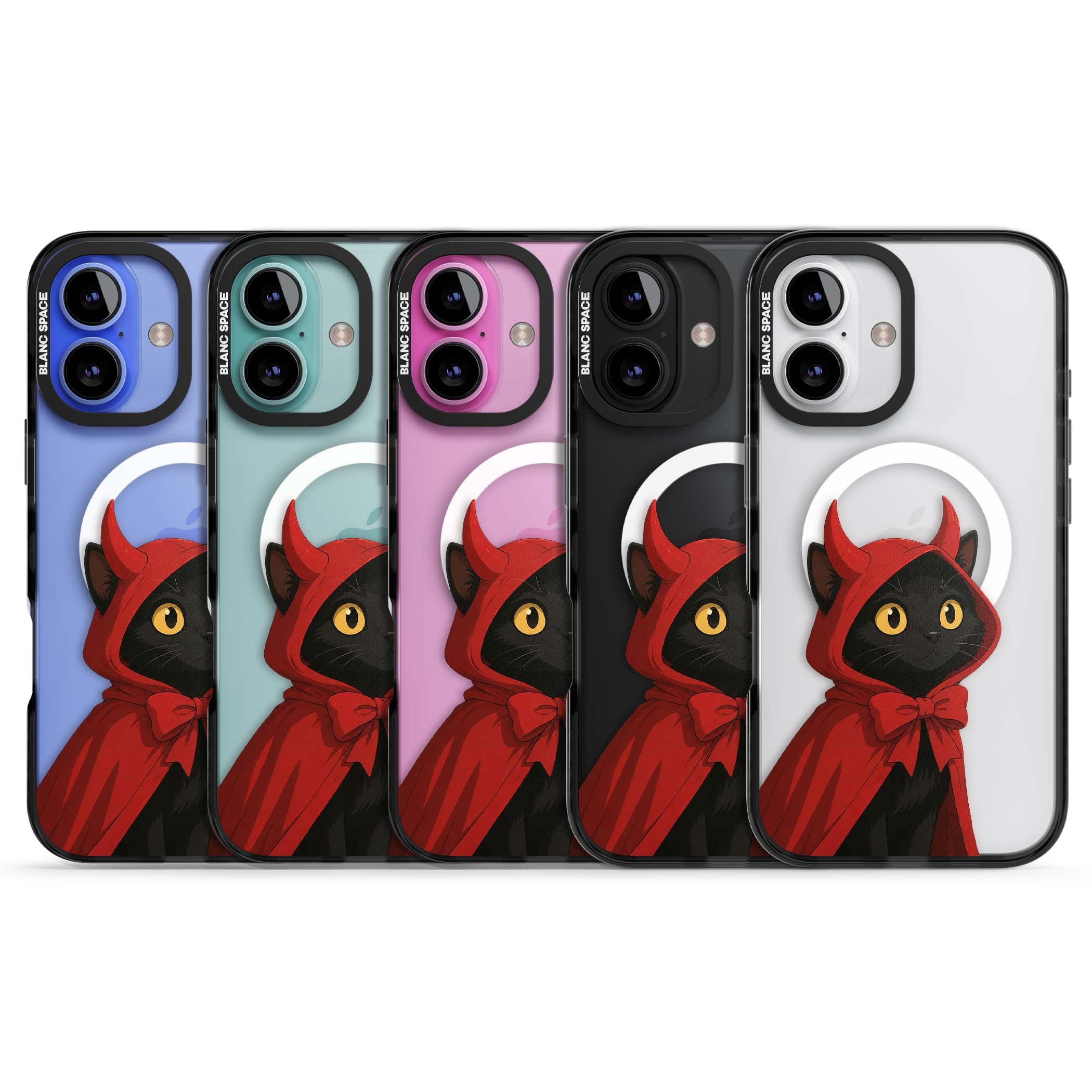 Little Devil halloween iPhone case featuring a black cat in a red hooded devil cloak with horns and golden eyes | Black Impact Magsafe case for iPhone 16, iPhone 16 Plus