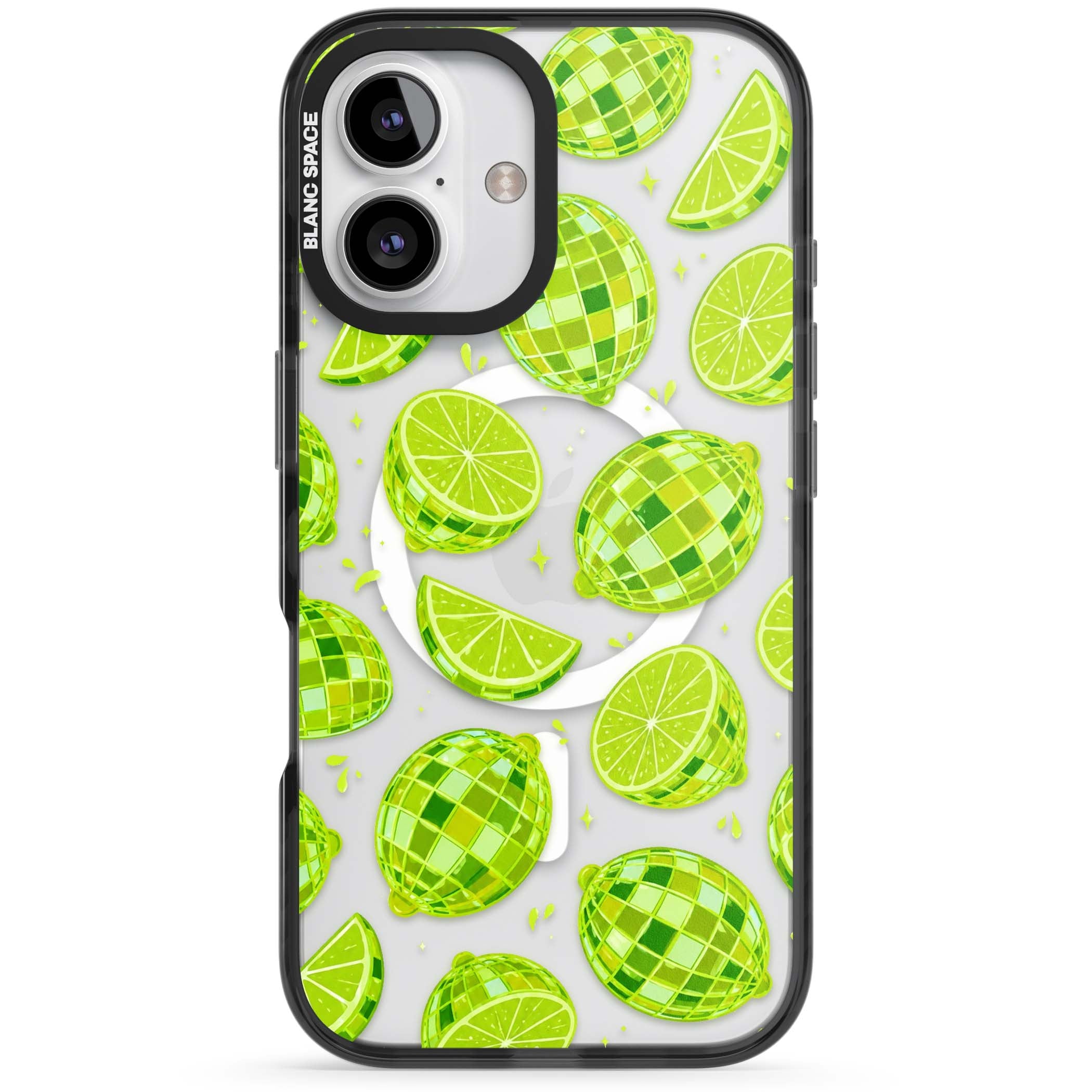 Disco Limes fruit aesthetic iPhone case featuring green disco balls, lime slices and citrus sparkles | Black Impact Magsafe case for iPhone 16, iPhone 16 Plus