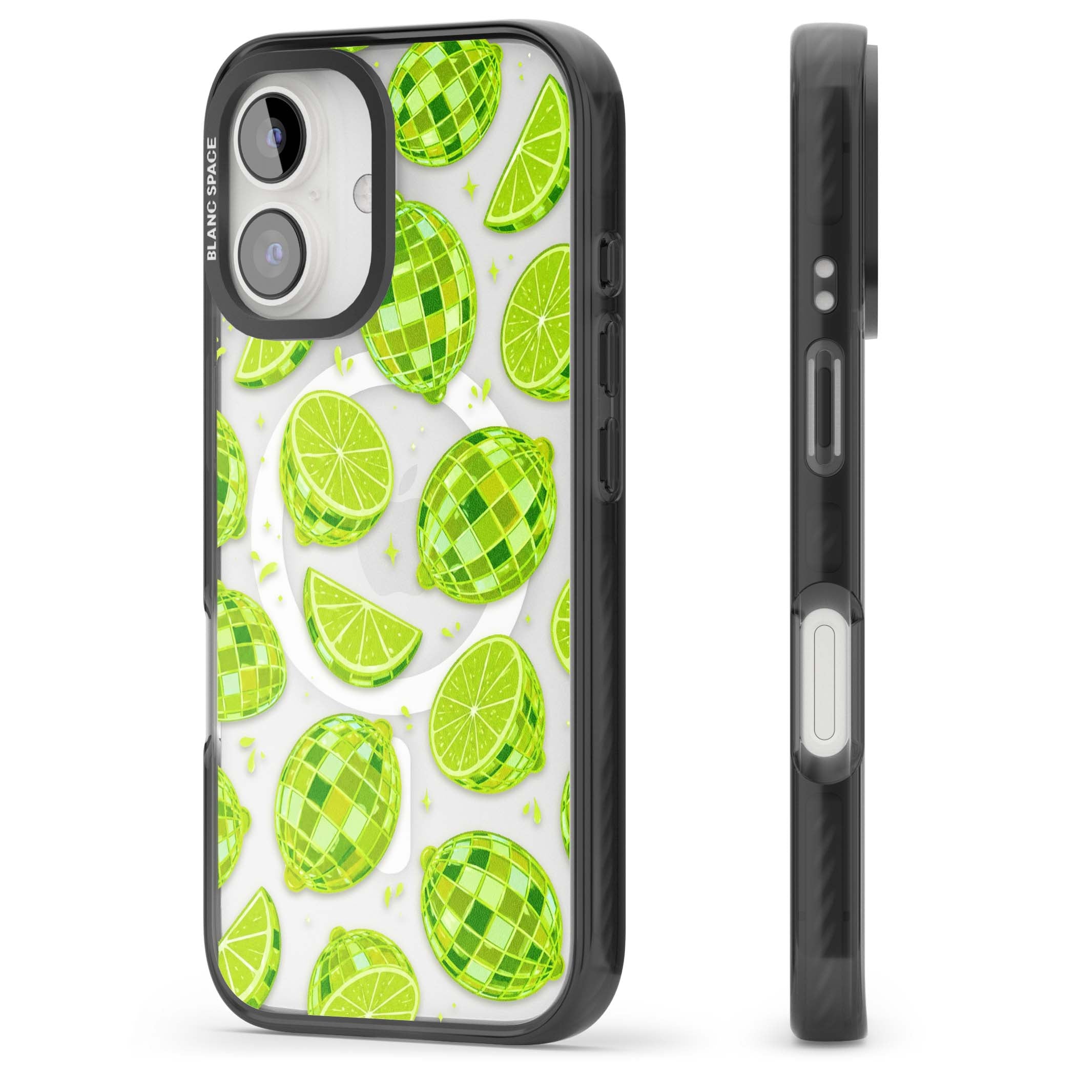 Disco Limes fruit aesthetic iPhone case featuring green disco balls, lime slices and citrus sparkles | Black Impact Magsafe case for iPhone 16, iPhone 16 Plus
