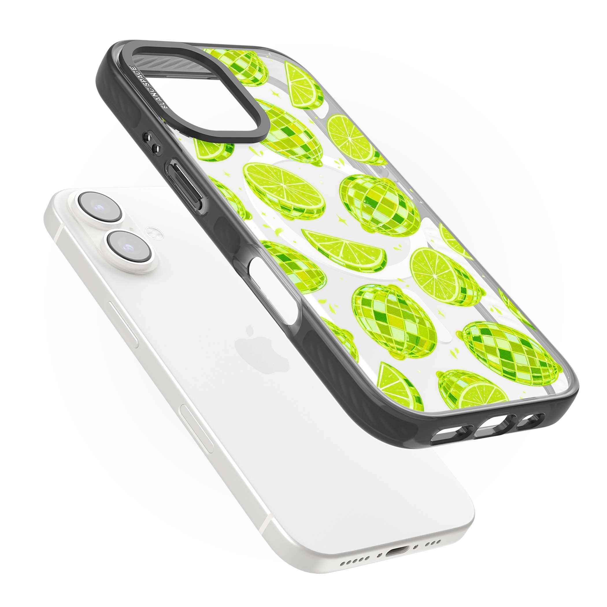 Disco Limes fruit aesthetic iPhone case featuring green disco balls, lime slices and citrus sparkles | Black Impact Magsafe case for iPhone 16, iPhone 16 Plus