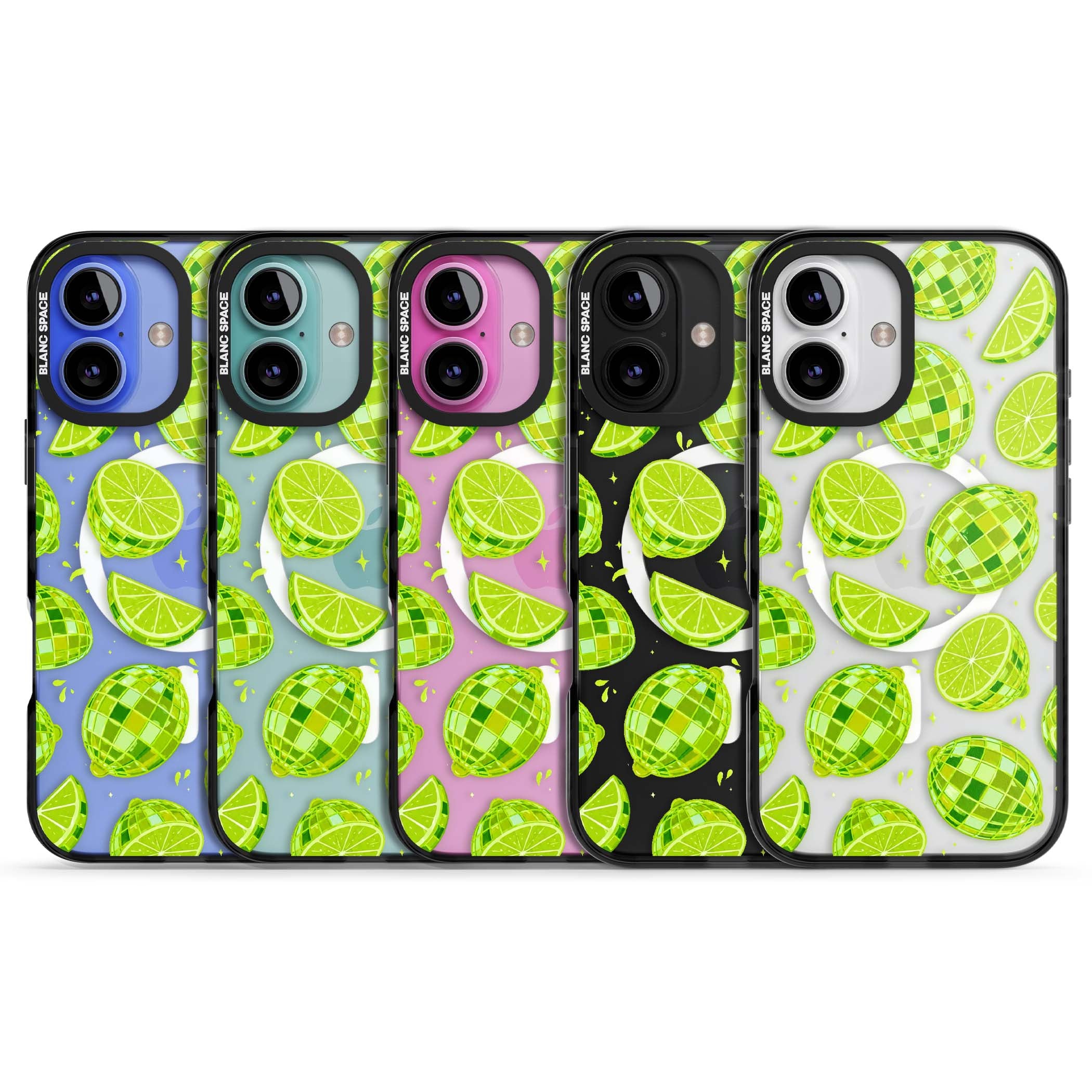 Disco Limes fruit aesthetic iPhone case featuring green disco balls, lime slices and citrus sparkles | Black Impact Magsafe case for iPhone 16, iPhone 16 Plus