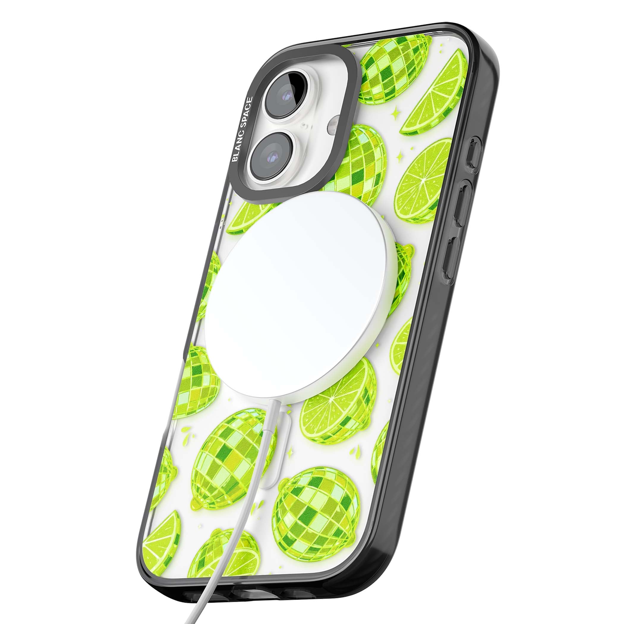 Disco Limes fruit aesthetic iPhone case featuring green disco balls, lime slices and citrus sparkles | Black Impact Magsafe case for iPhone 16, iPhone 16 Plus