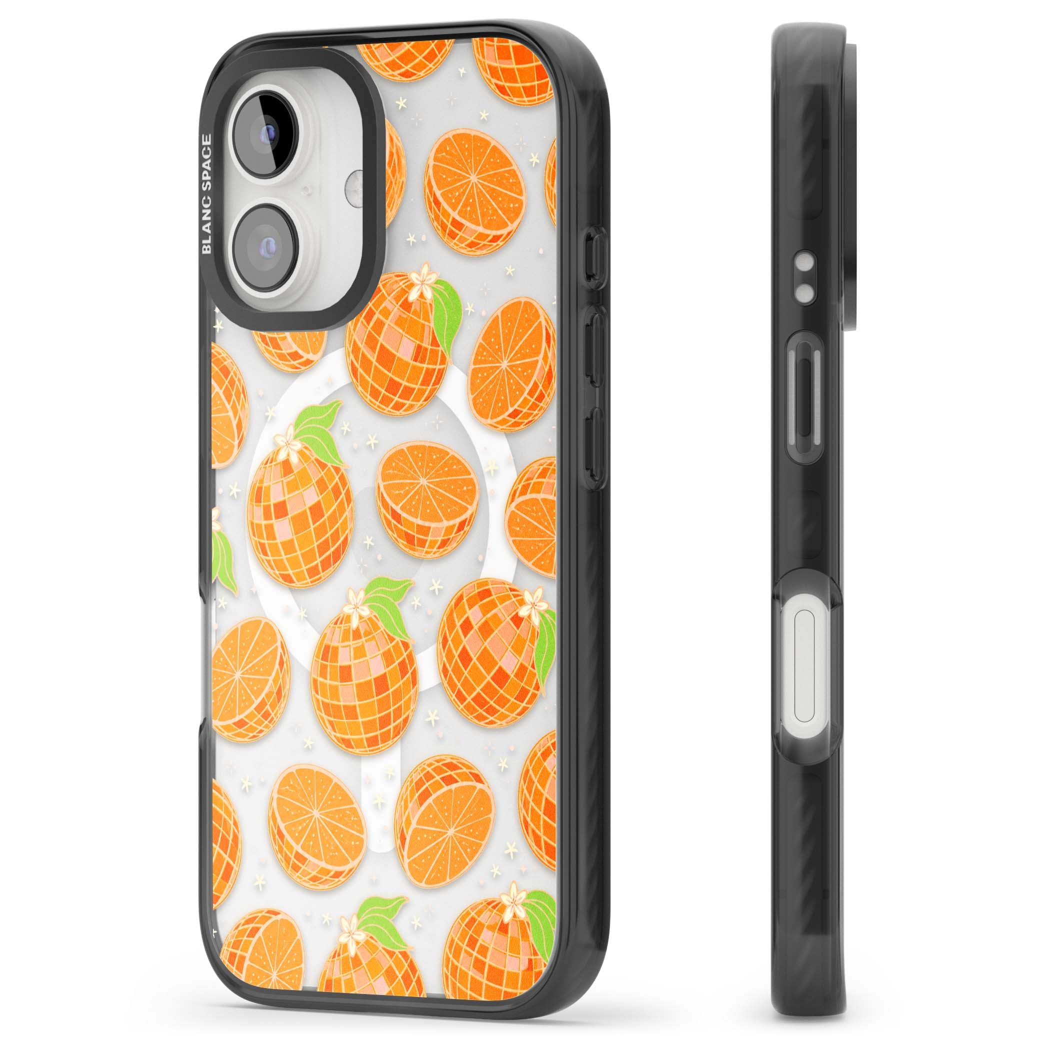 Disco Oranges retro iPhone case featuring mirrorball oranges, citrus slices and tiny blossoms on clear | Black Impact Magsafe case for iPhone 16, iPhone 16 Plus