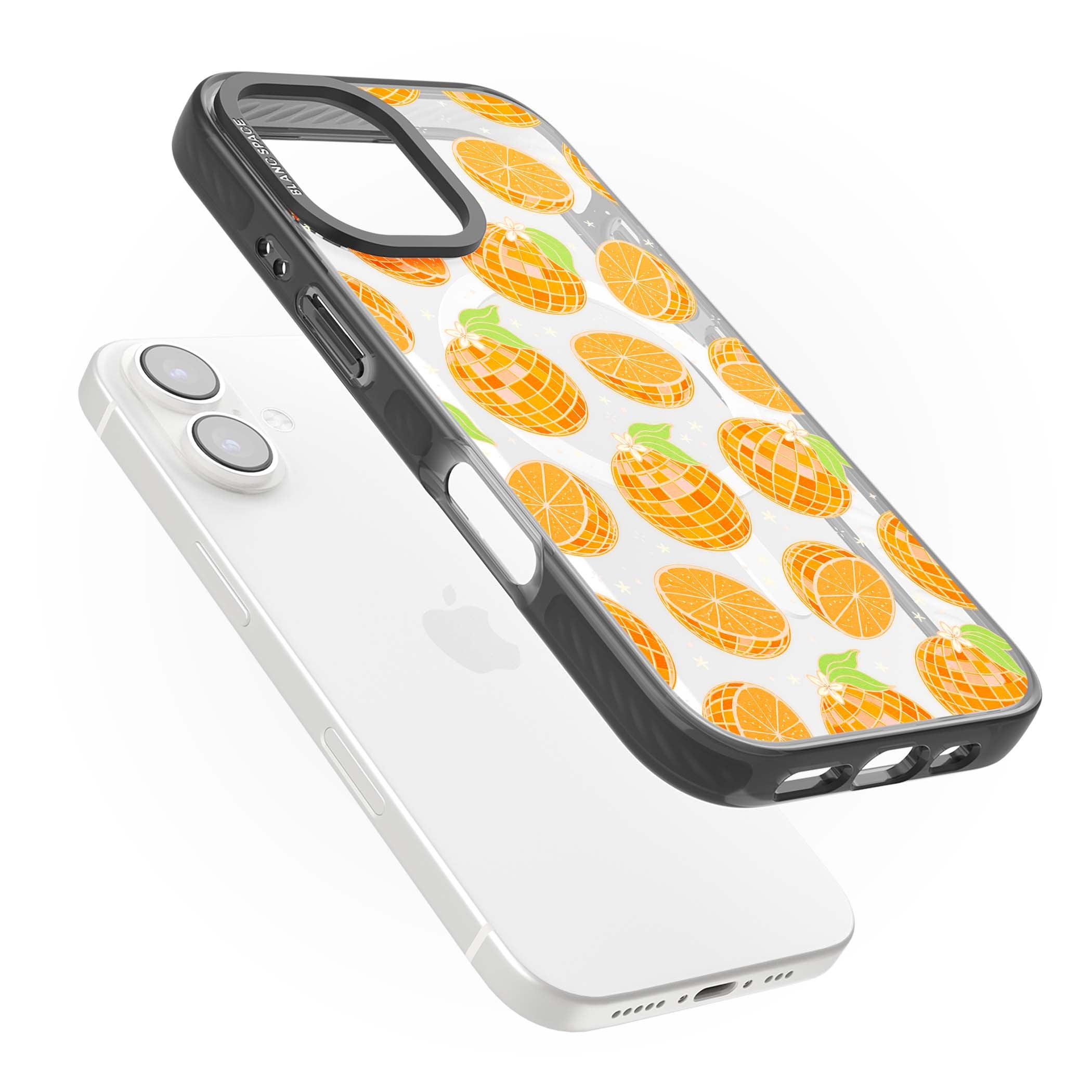 Disco Oranges retro iPhone case featuring mirrorball oranges, citrus slices and tiny blossoms on clear | Black Impact Magsafe case for iPhone 16, iPhone 16 Plus