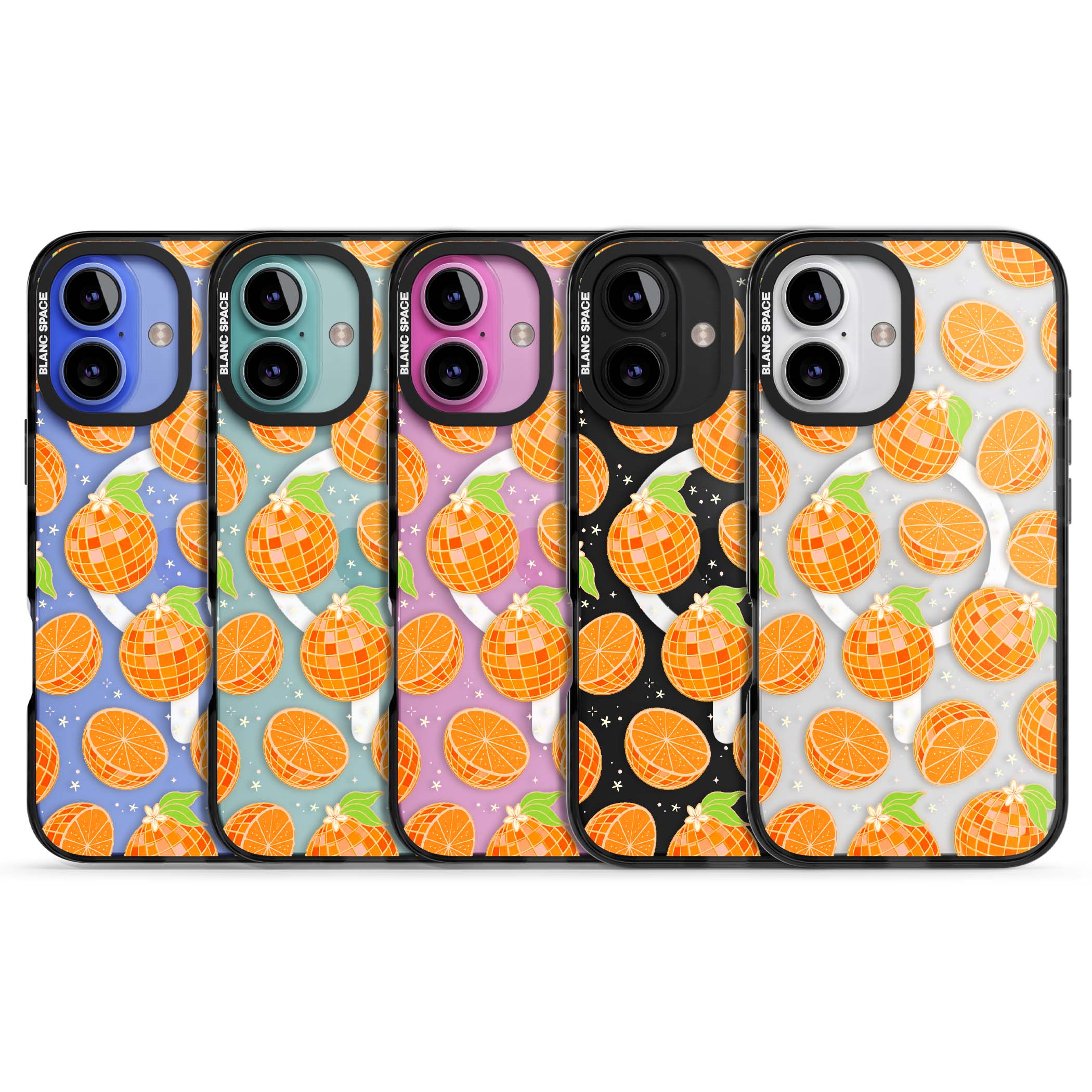 Disco Oranges retro iPhone case featuring mirrorball oranges, citrus slices and tiny blossoms on clear | Black Impact Magsafe case for iPhone 16, iPhone 16 Plus