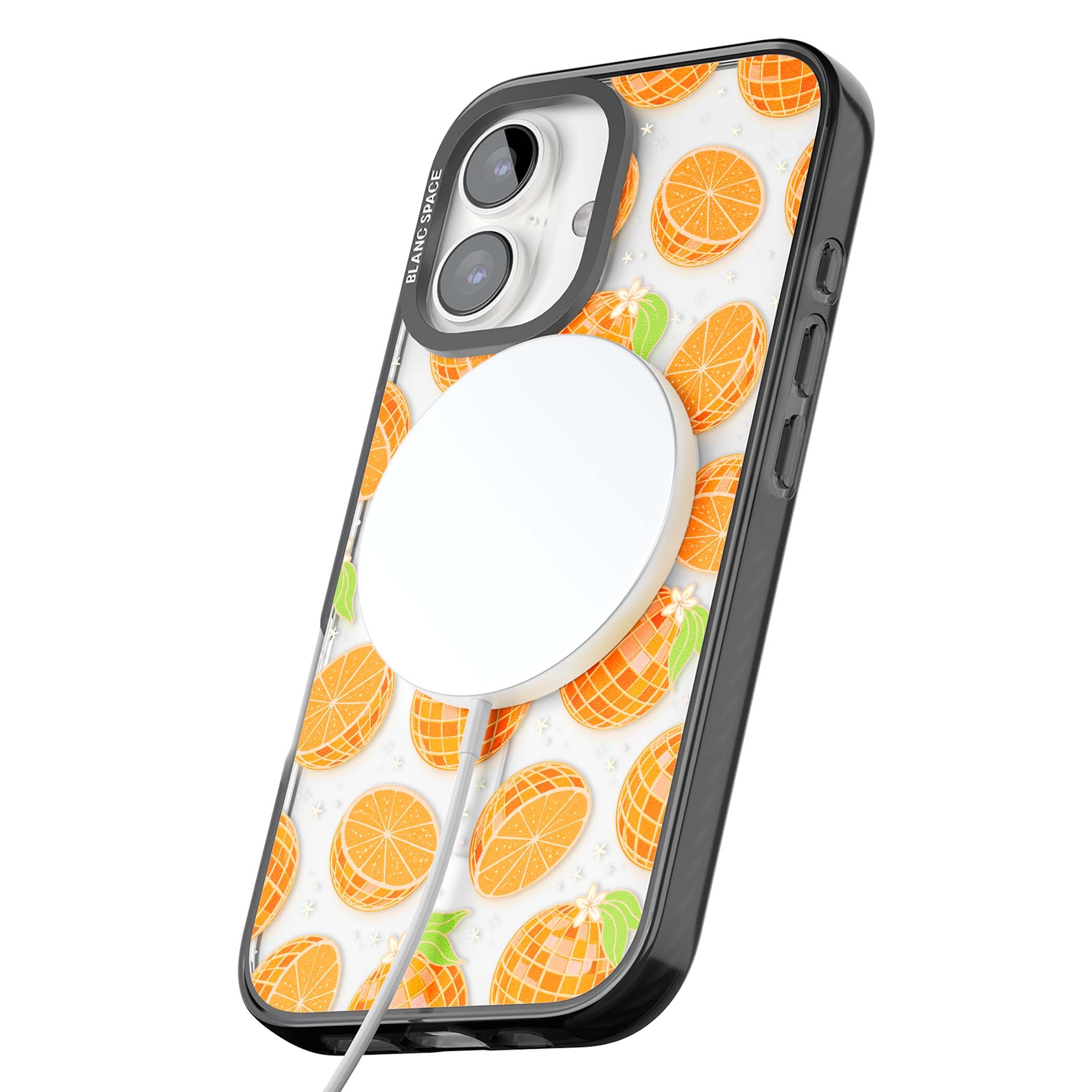 Disco Oranges retro iPhone case featuring mirrorball oranges, citrus slices and tiny blossoms on clear | Black Impact Magsafe case for iPhone 16, iPhone 16 Plus