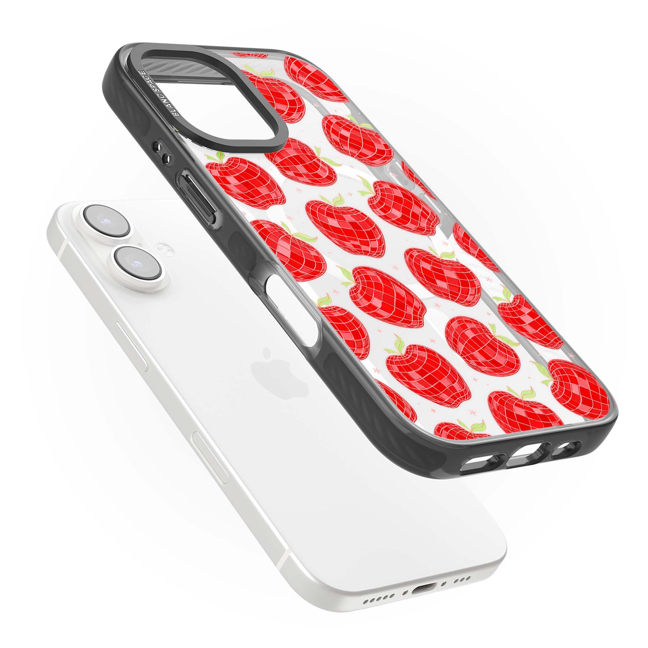 Disco Apples Y2K iPhone case featuring red disco ball apples, green leaves and pink sparkles on clear | Black Impact Magsafe case for iPhone 16, iPhone 16 Plus