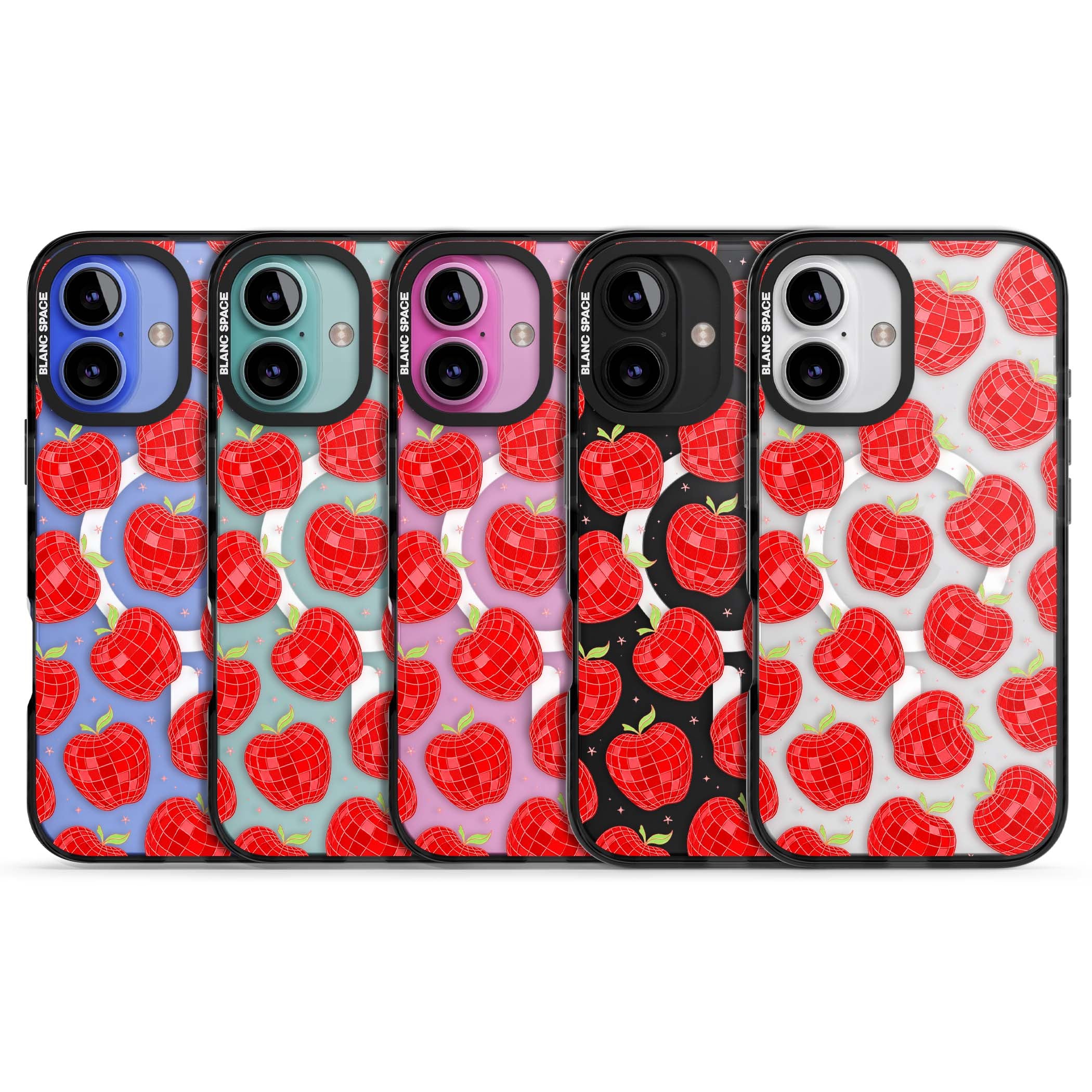 Disco Apples Y2K iPhone case featuring red disco ball apples, green leaves and pink sparkles on clear | Black Impact Magsafe case for iPhone 16, iPhone 16 Plus