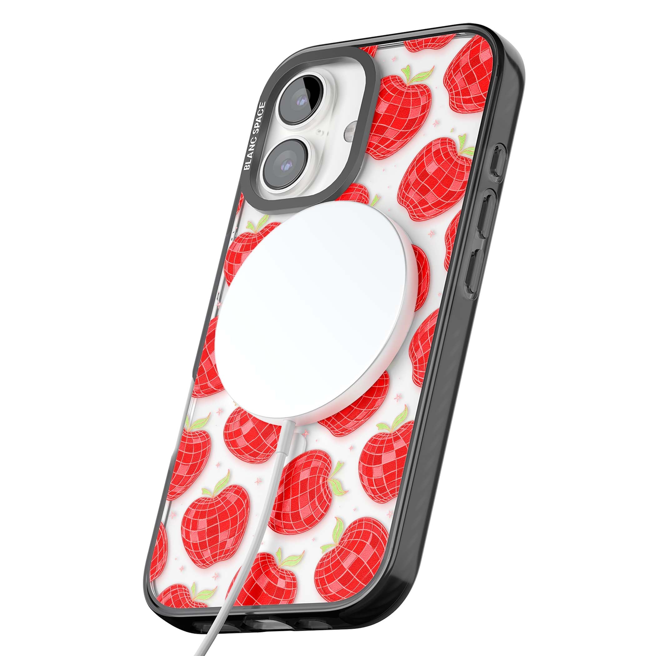 Disco Apples Y2K iPhone case featuring red disco ball apples, green leaves and pink sparkles on clear | Black Impact Magsafe case for iPhone 16, iPhone 16 Plus