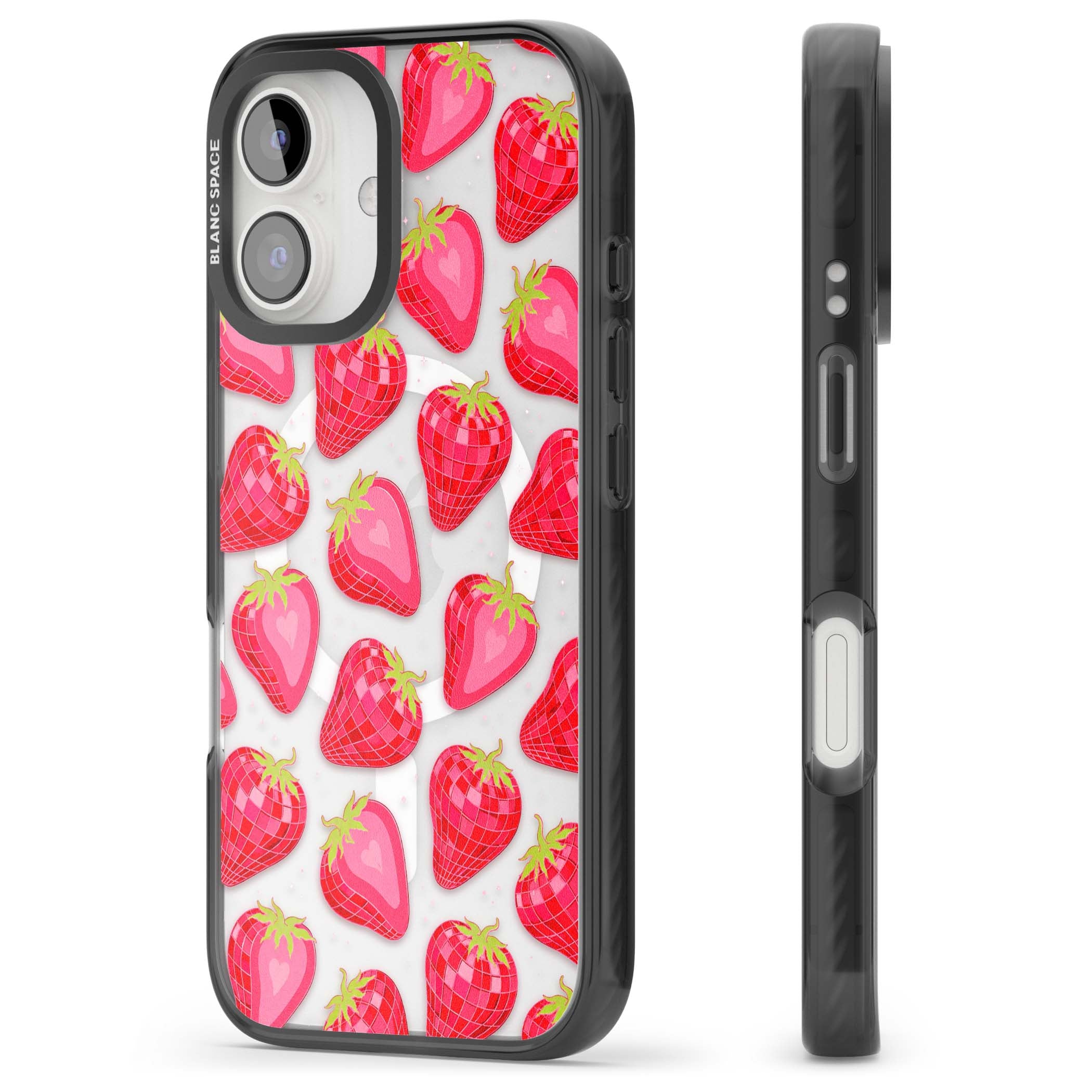 Disco Strawberry Y2K iPhone case featuring pink disco-ball strawberries, green leaves and tiny sparkles | Black Impact Magsafe case for iPhone 16, iPhone 16 Plus