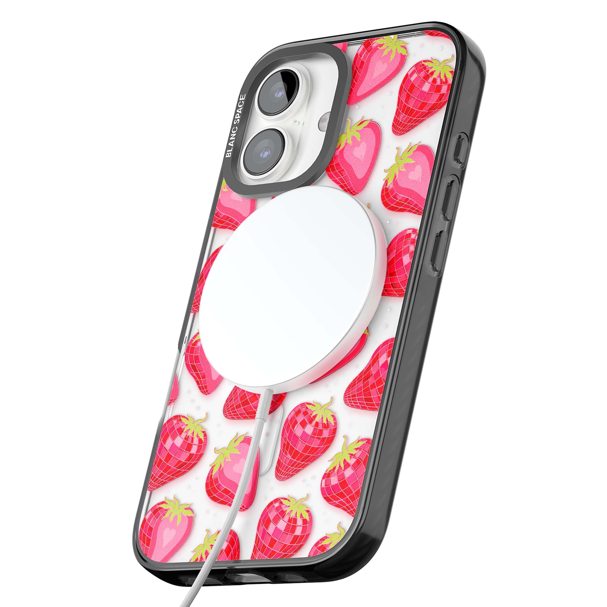 Disco Strawberry Y2K iPhone case featuring pink disco-ball strawberries, green leaves and tiny sparkles | Black Impact Magsafe case for iPhone 16, iPhone 16 Plus