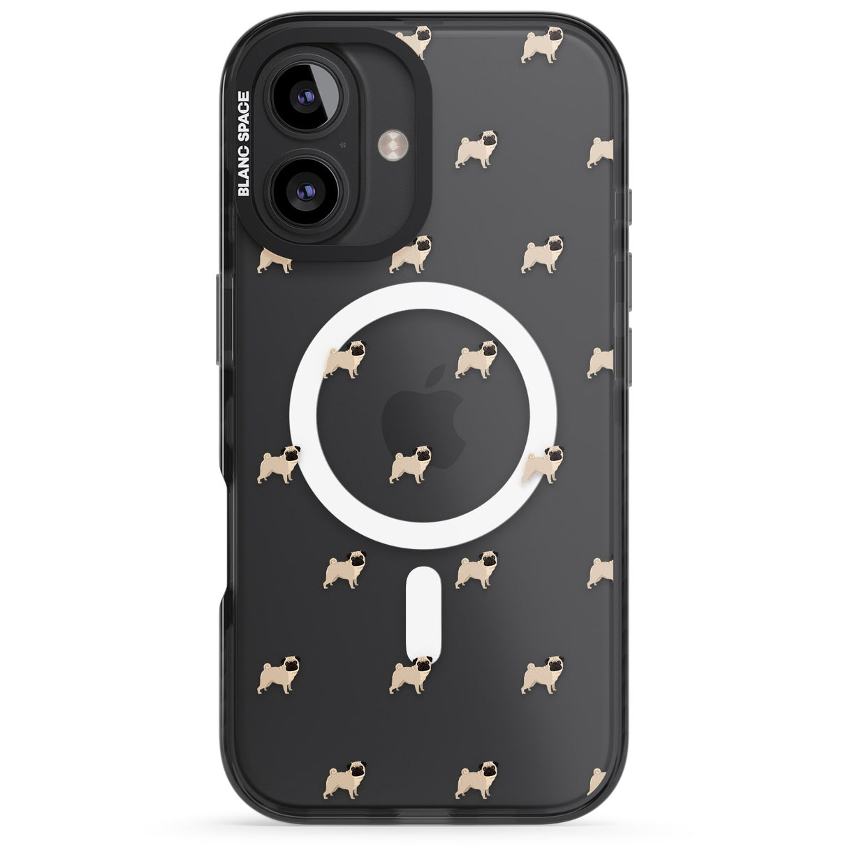 iPhone 16 Pro Max Pug Dog Pattern Clear Black Impact Phone Case