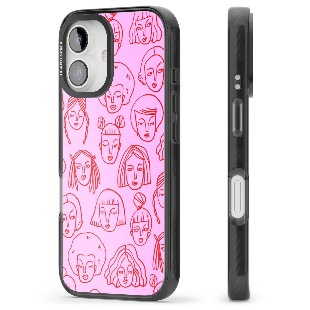 iPhone 16 Pro Max Girl Portrait Doodles in Pink & Red Black Impact Phone Case