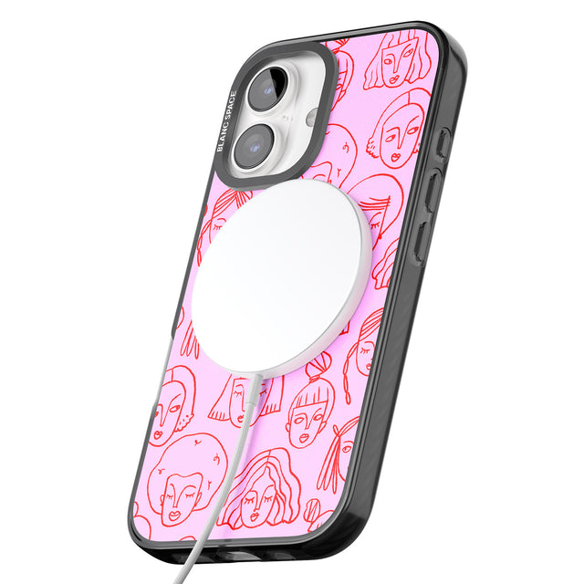 iPhone 16 Pro Max Girl Portrait Doodles in Pink & Red Black Impact Phone Case