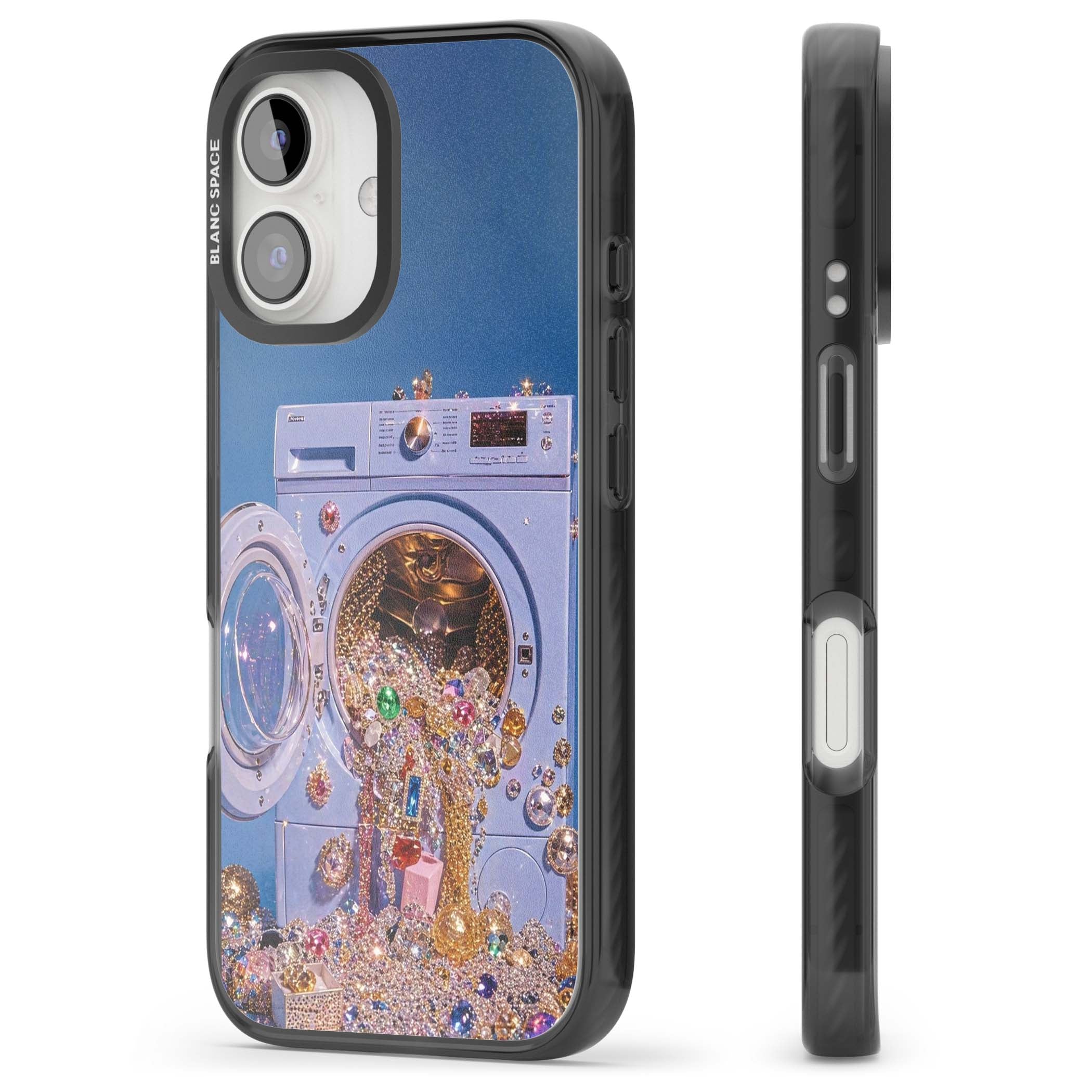 Gem Laundry baddie iPhone case featuring a surreal washing machine overflowing with colourful gemstones and crystals | Black Impact Magsafe case for iPhone 16, iPhone 16 Plus