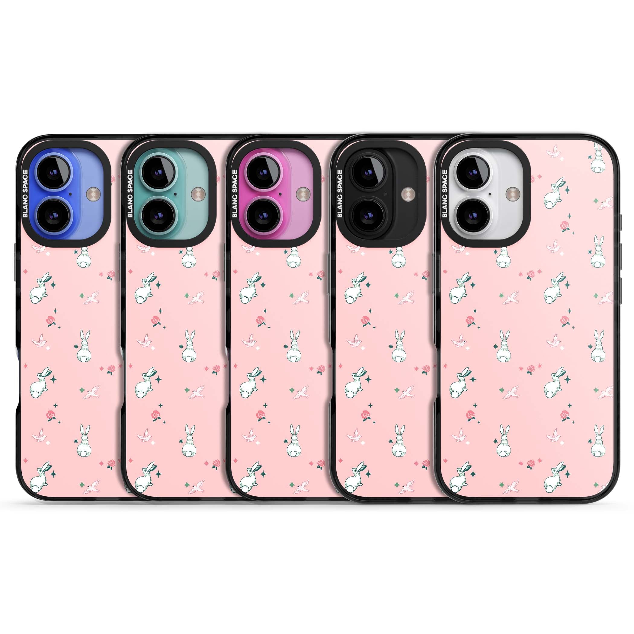 Bunny Garden kawaii iPhone case featuring white rabbits, pink roses, doves and stars on pink background | Black Impact Magsafe case for iPhone 16, iPhone 16 Plus