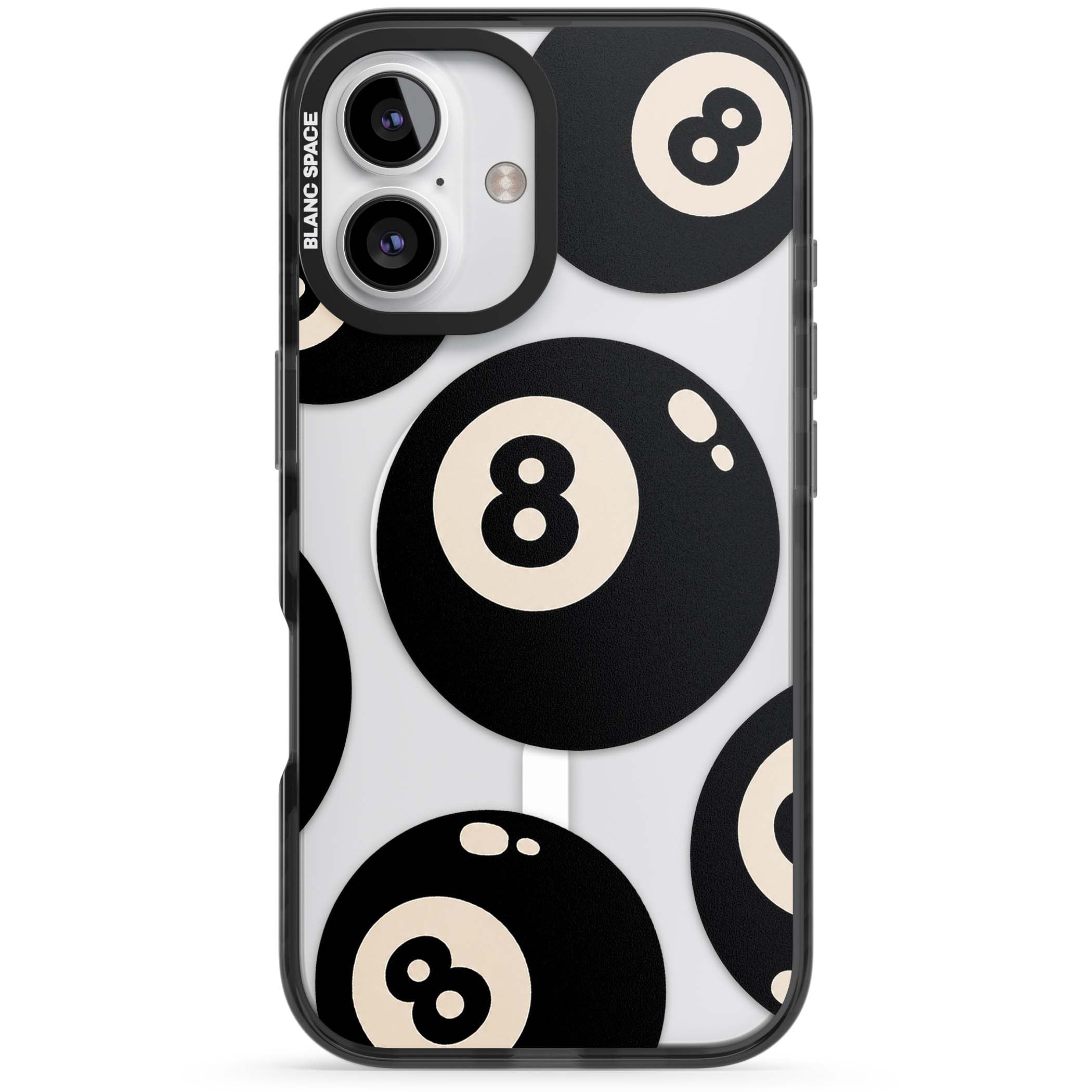 Eights y2k iPhone case featuring scattered black 8 balls with cream highlights on a clear background | Black Impact Magsafe case for iPhone 16, iPhone 16 Plus