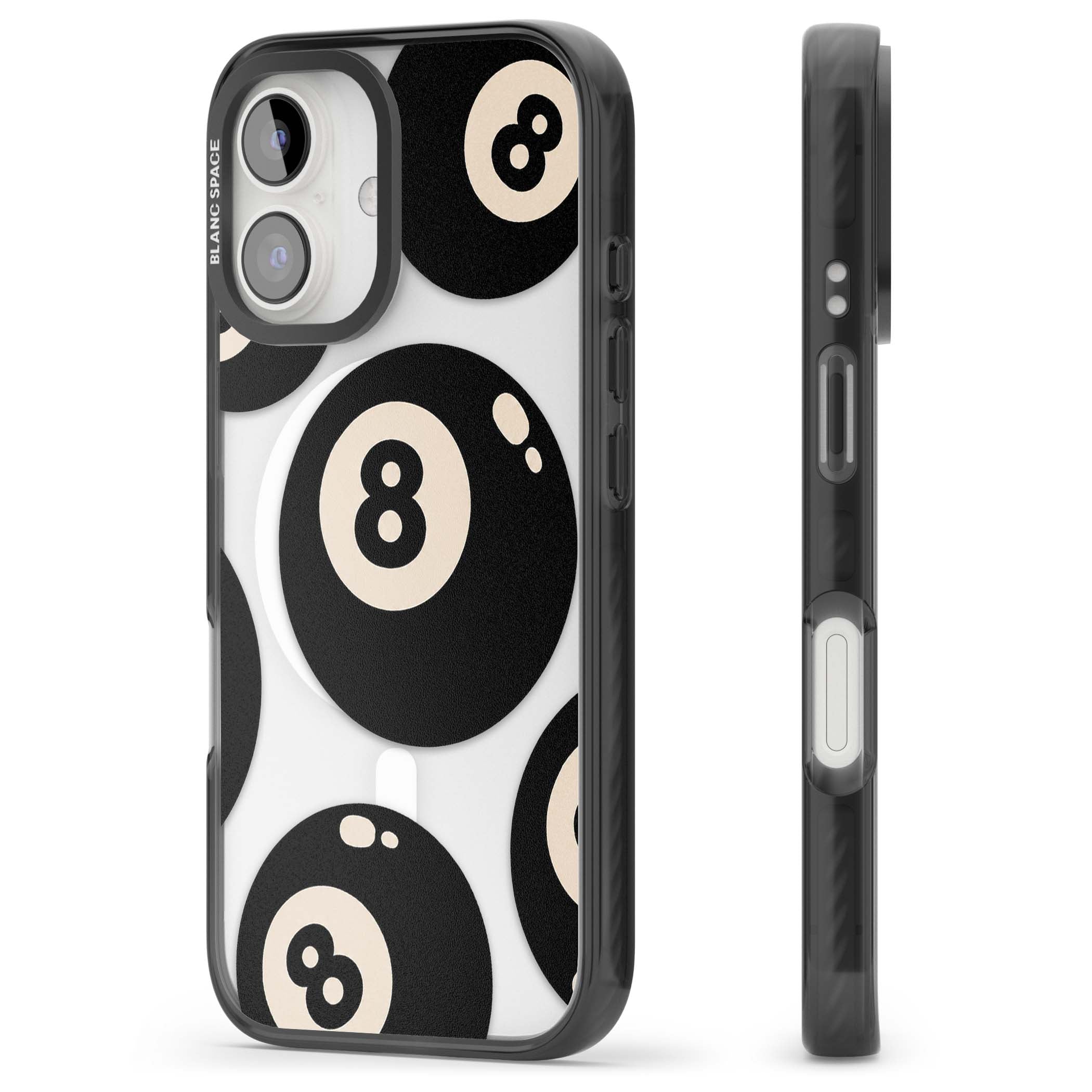 Eights y2k iPhone case featuring scattered black 8 balls with cream highlights on a clear background | Black Impact Magsafe case for iPhone 16, iPhone 16 Plus