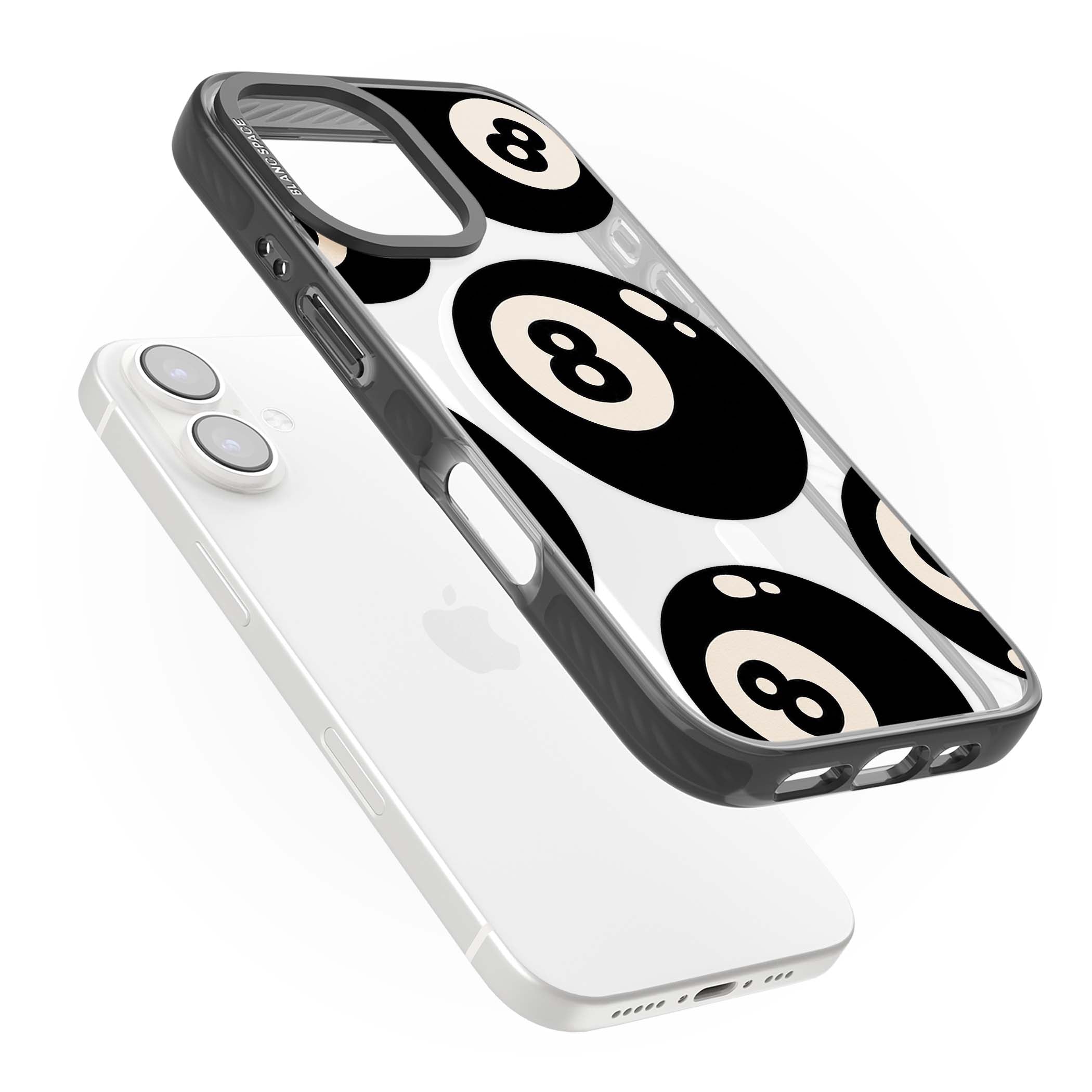Eights y2k iPhone case featuring scattered black 8 balls with cream highlights on a clear background | Black Impact Magsafe case for iPhone 16, iPhone 16 Plus