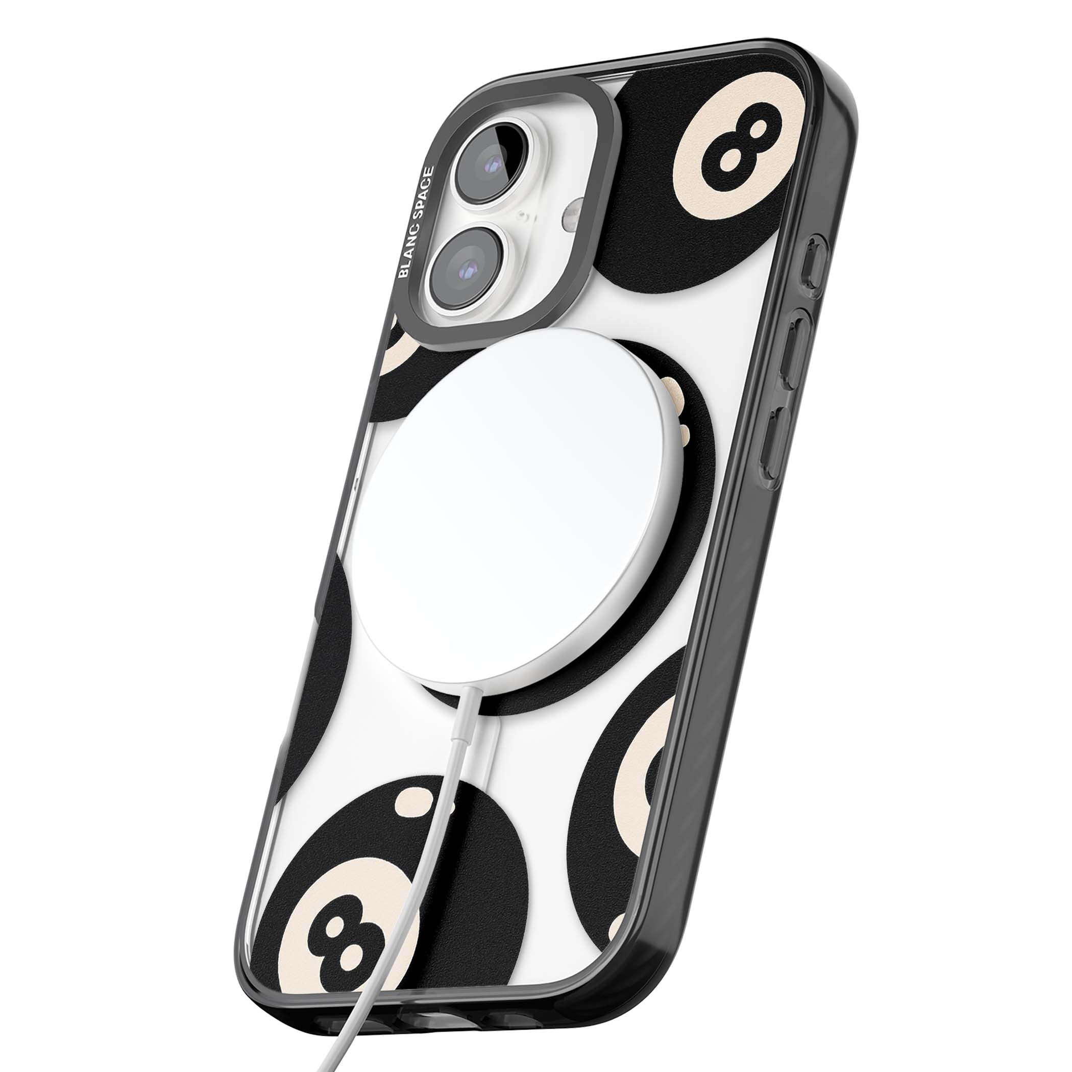Eights y2k iPhone case featuring scattered black 8 balls with cream highlights on a clear background | Black Impact Magsafe case for iPhone 16, iPhone 16 Plus