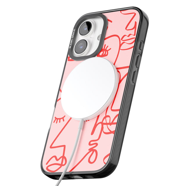 iPhone 16 Pro Max Abstract Continuous Line Faces Red on Pink Black Impact Phone Case