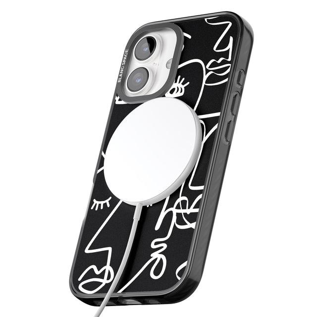 iPhone 16 Pro Max Abstract Continuous Line Faces White on Black Black Impact Phone Case