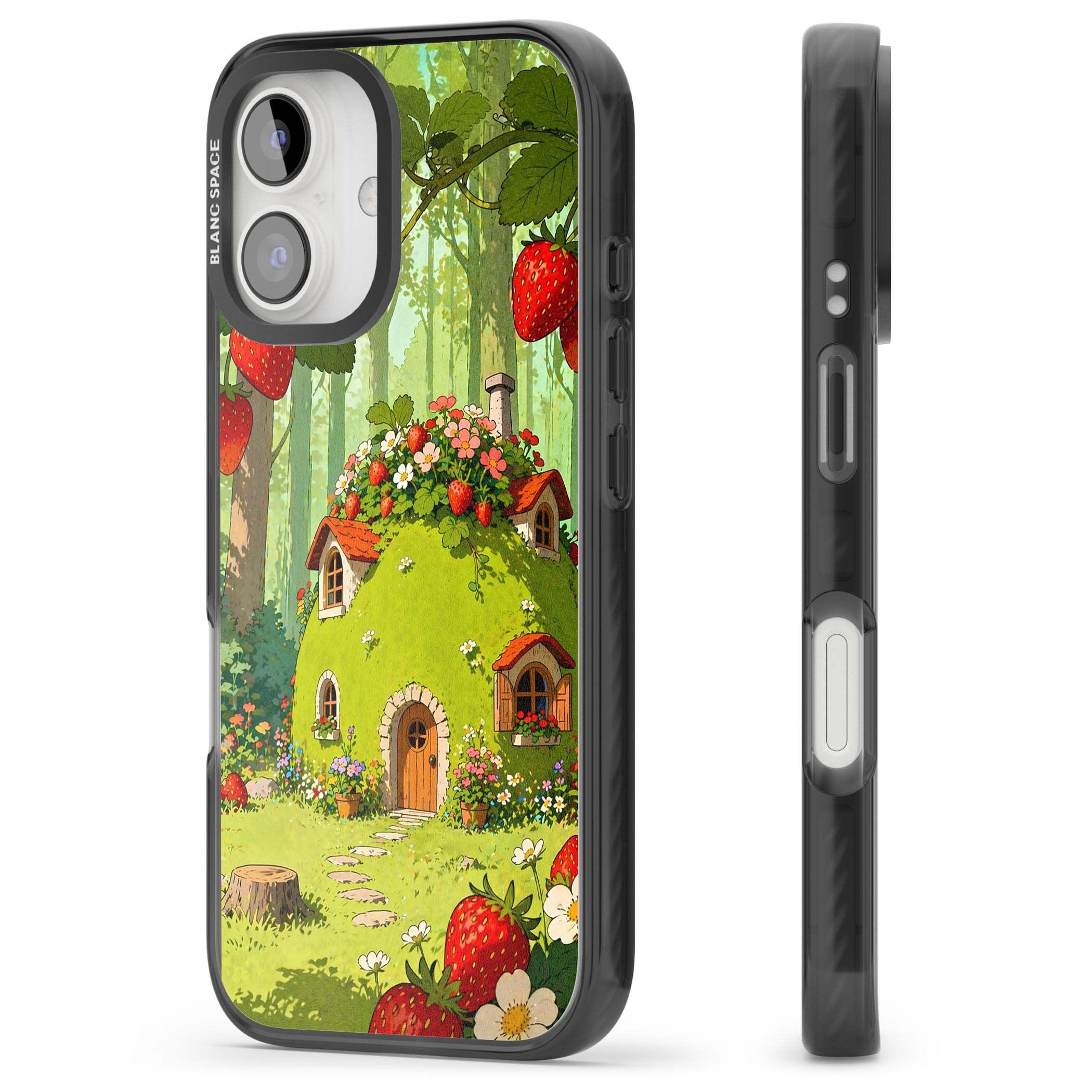 Strawberry Cottage cottagecore iPhone case featuring a green fairy house, wild strawberries and enchanted forest flowers | Black Impact Magsafe case for iPhone 16, iPhone 16 Plus