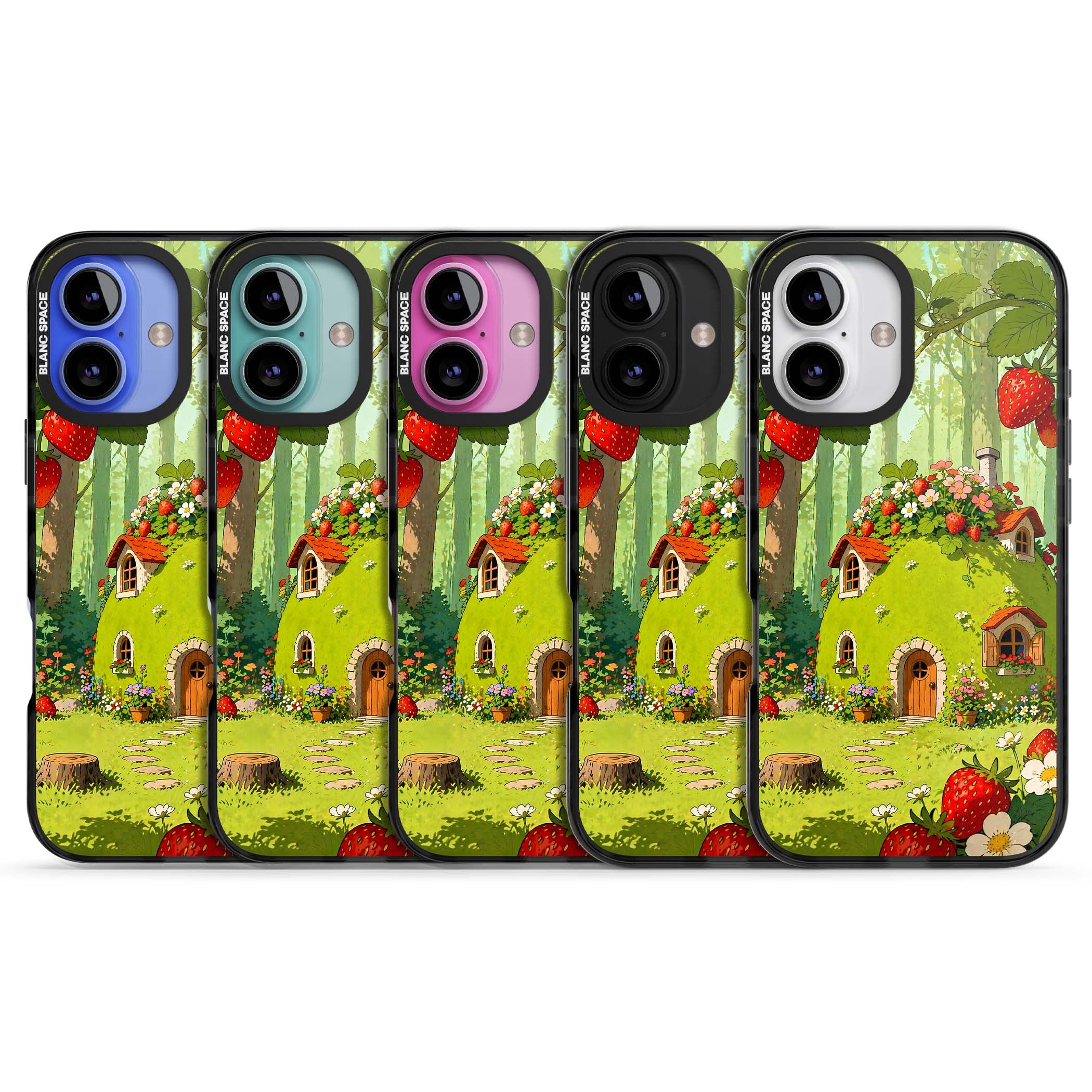 Strawberry Cottage cottagecore iPhone case featuring a green fairy house, wild strawberries and enchanted forest flowers | Black Impact Magsafe case for iPhone 16, iPhone 16 Plus