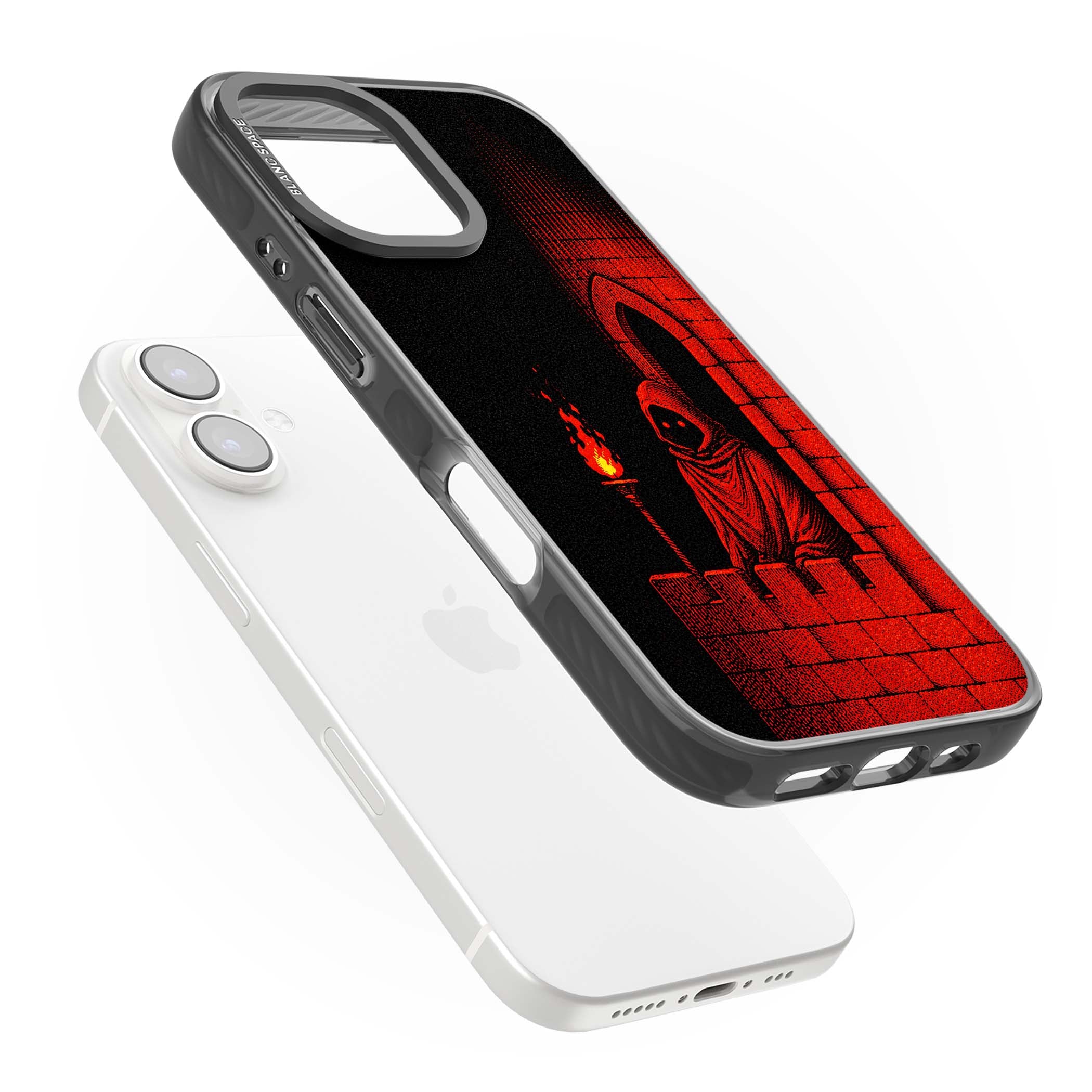 Crimson Crypt gothic iPhone case featuring a hooded reaper, torchlit crypt archway and red halftone horror art | Black Impact Magsafe case for iPhone 16, iPhone 16 Plus