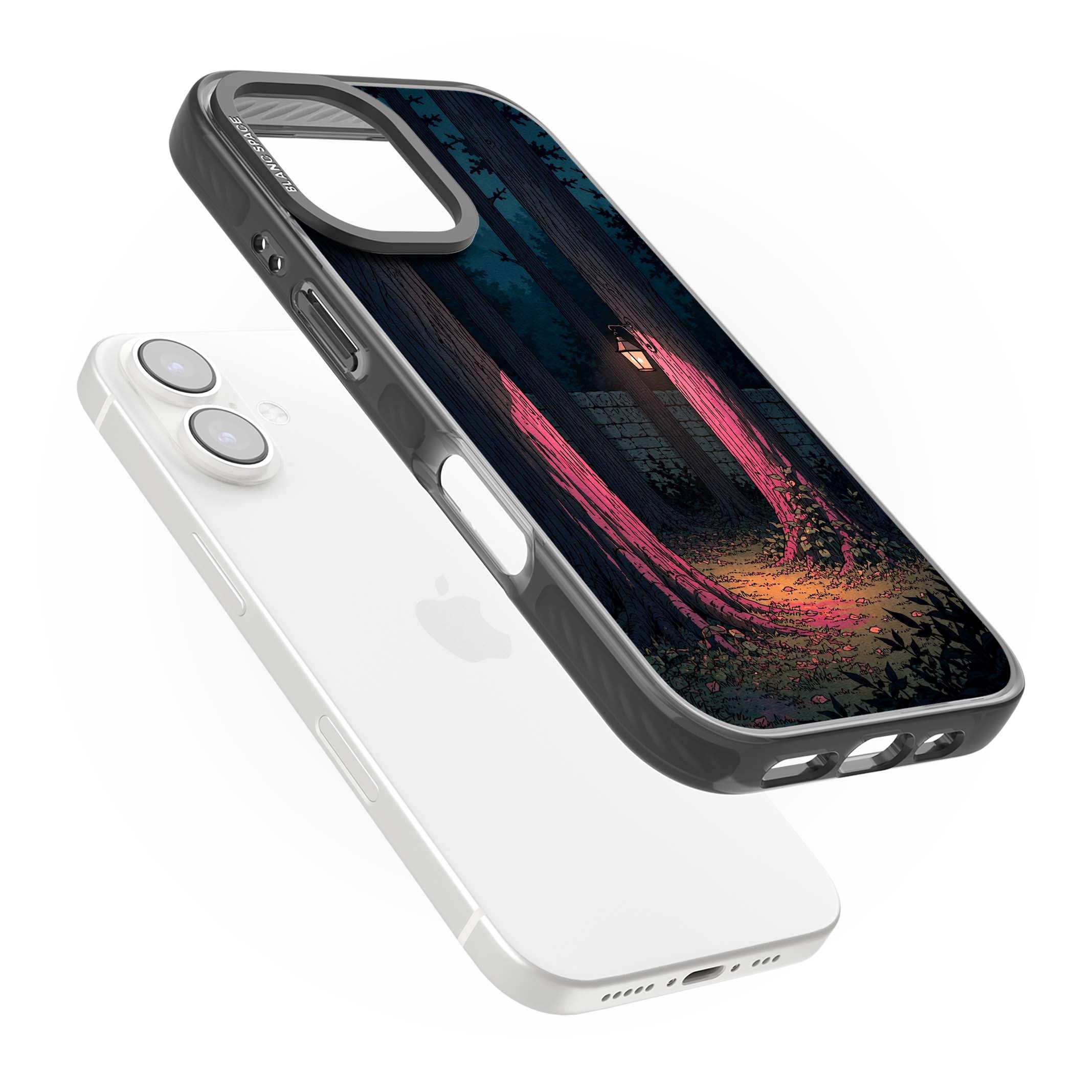 Forest Lantern dark academia iPhone case featuring a moonlit forest, glowing lantern, and stone wall pathway | Black Impact Magsafe case for iPhone 16, iPhone 16 Plus