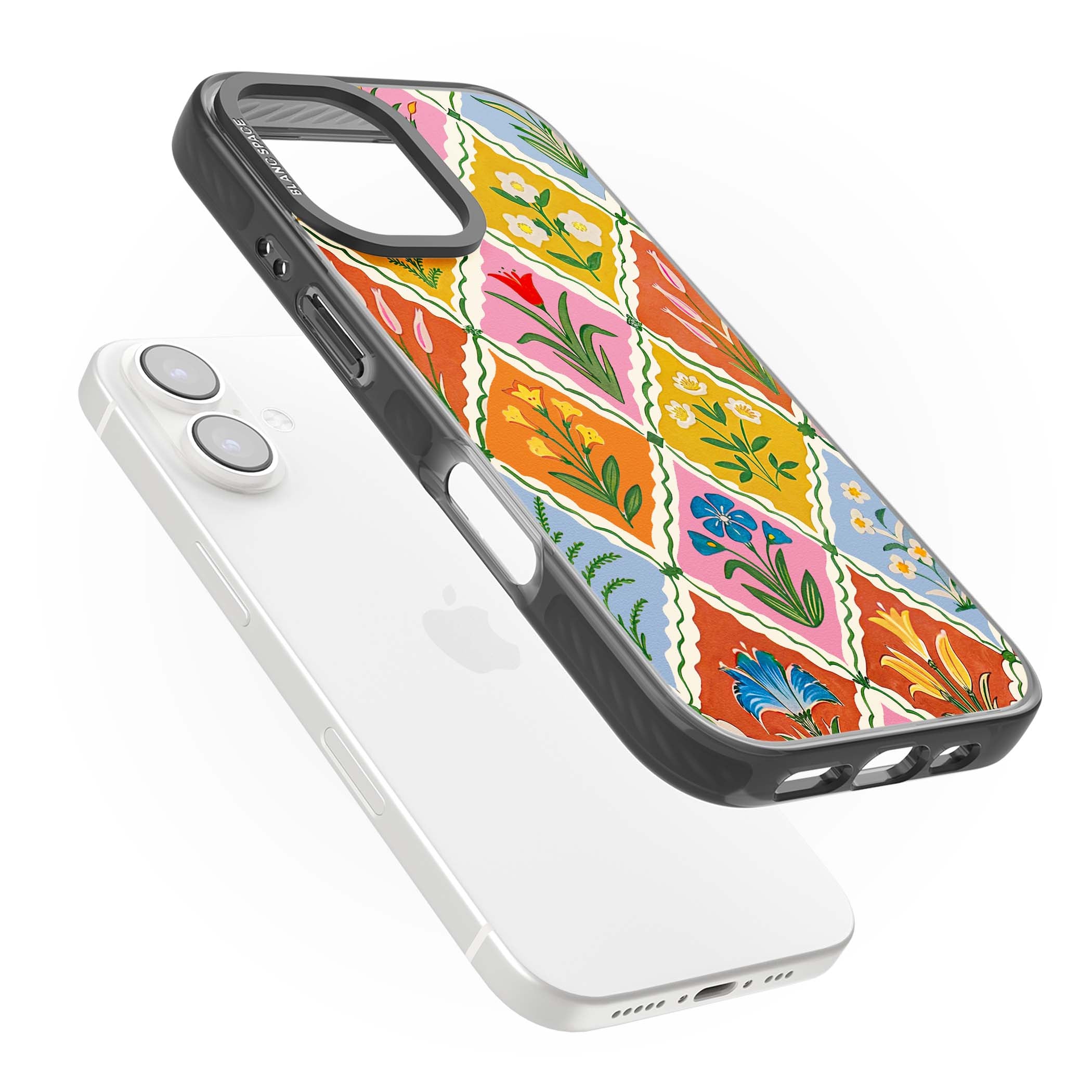 Floral Quilt boho floral iPhone case featuring diamond lattice pattern, hand-painted tulips and folk art wildflowers | Black Impact Magsafe case for iPhone 16, iPhone 16 Plus