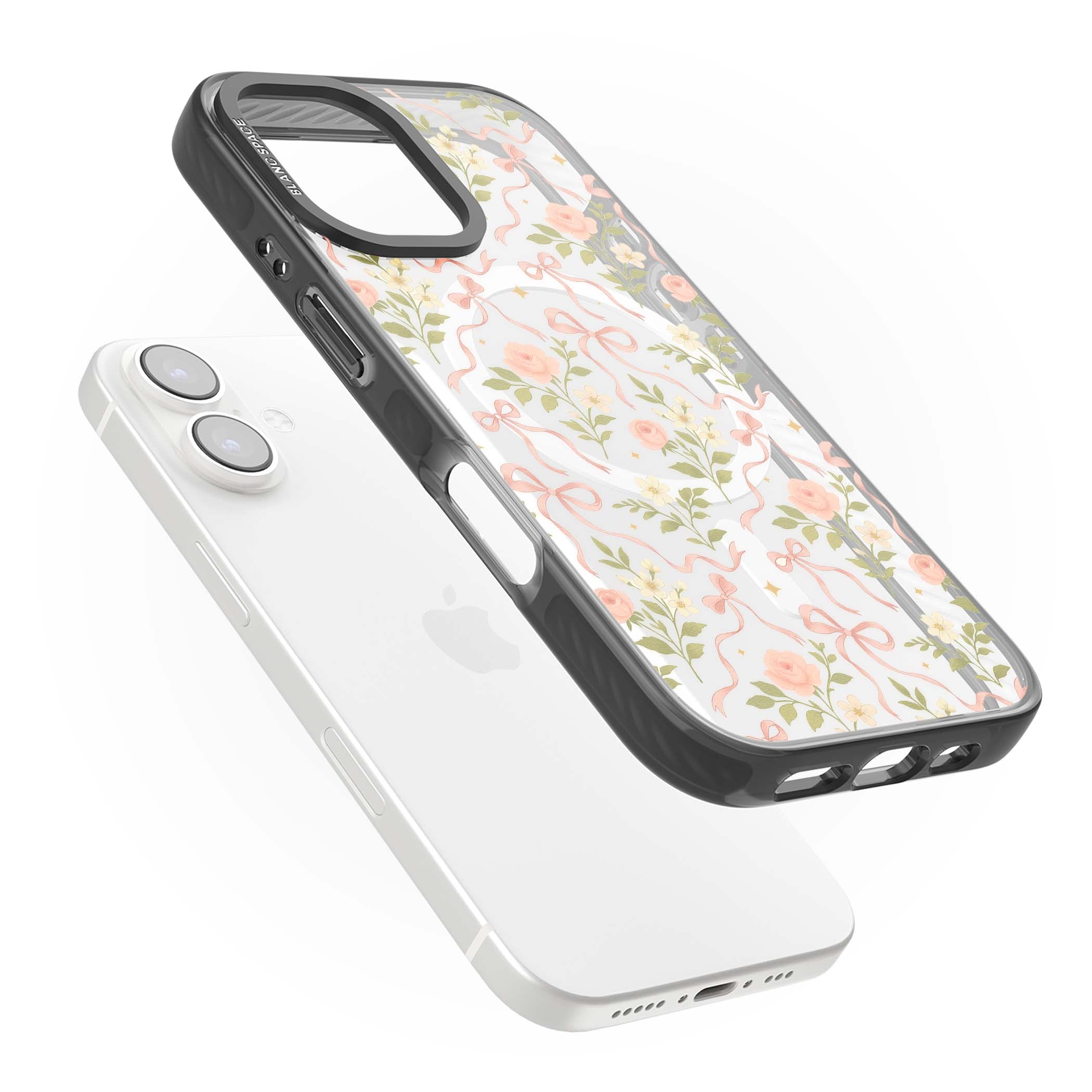 Ribbon Garden coquette iPhone case featuring pink bows, peach roses and wildflowers on white background | Black Impact Magsafe case for iPhone 16, iPhone 16 Plus