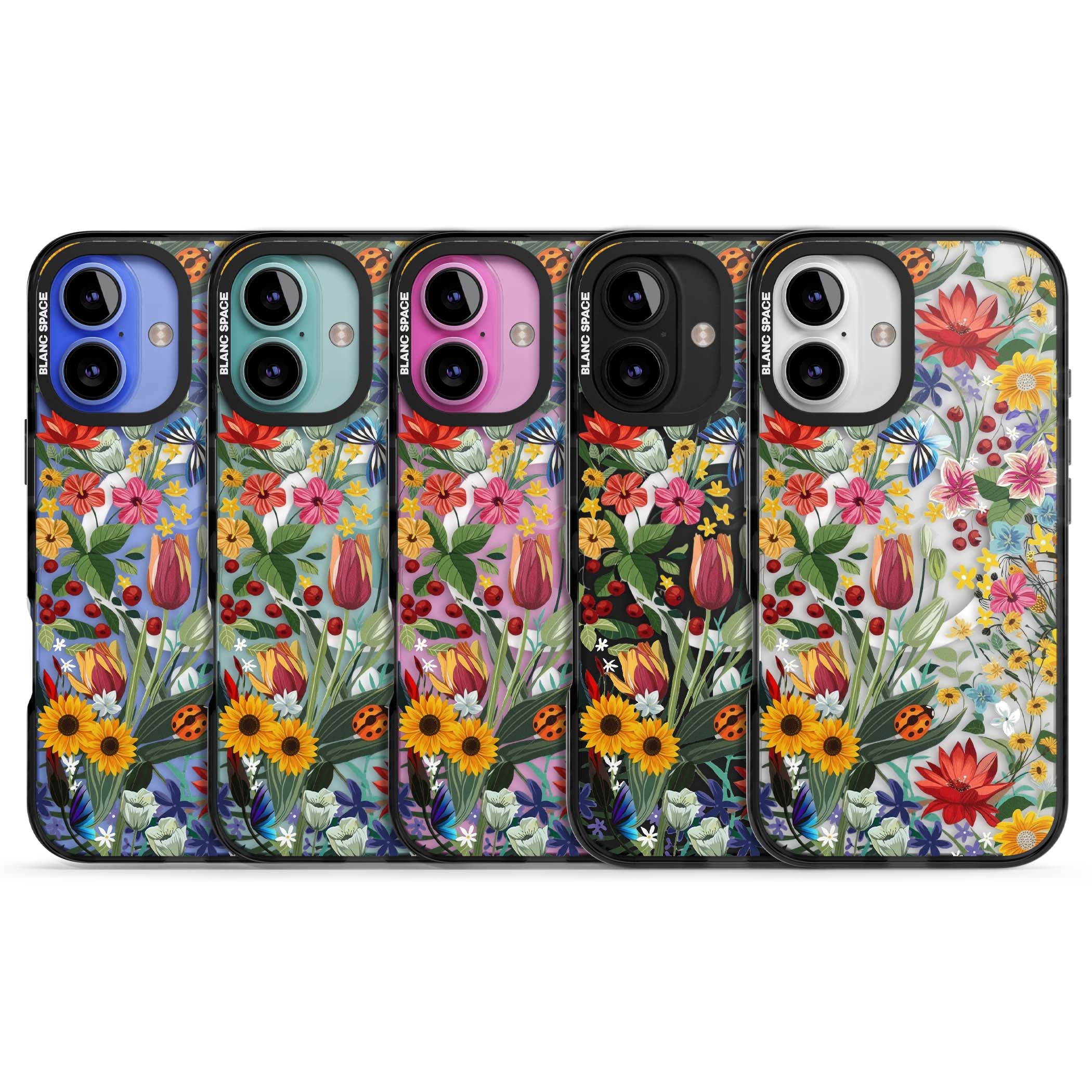 Botanical Bloom cottagecore iPhone case featuring colorful wildflowers, sunflowers, and ladybugs on clear background | Black Impact Magsafe case for iPhone 16, iPhone 16 Plus