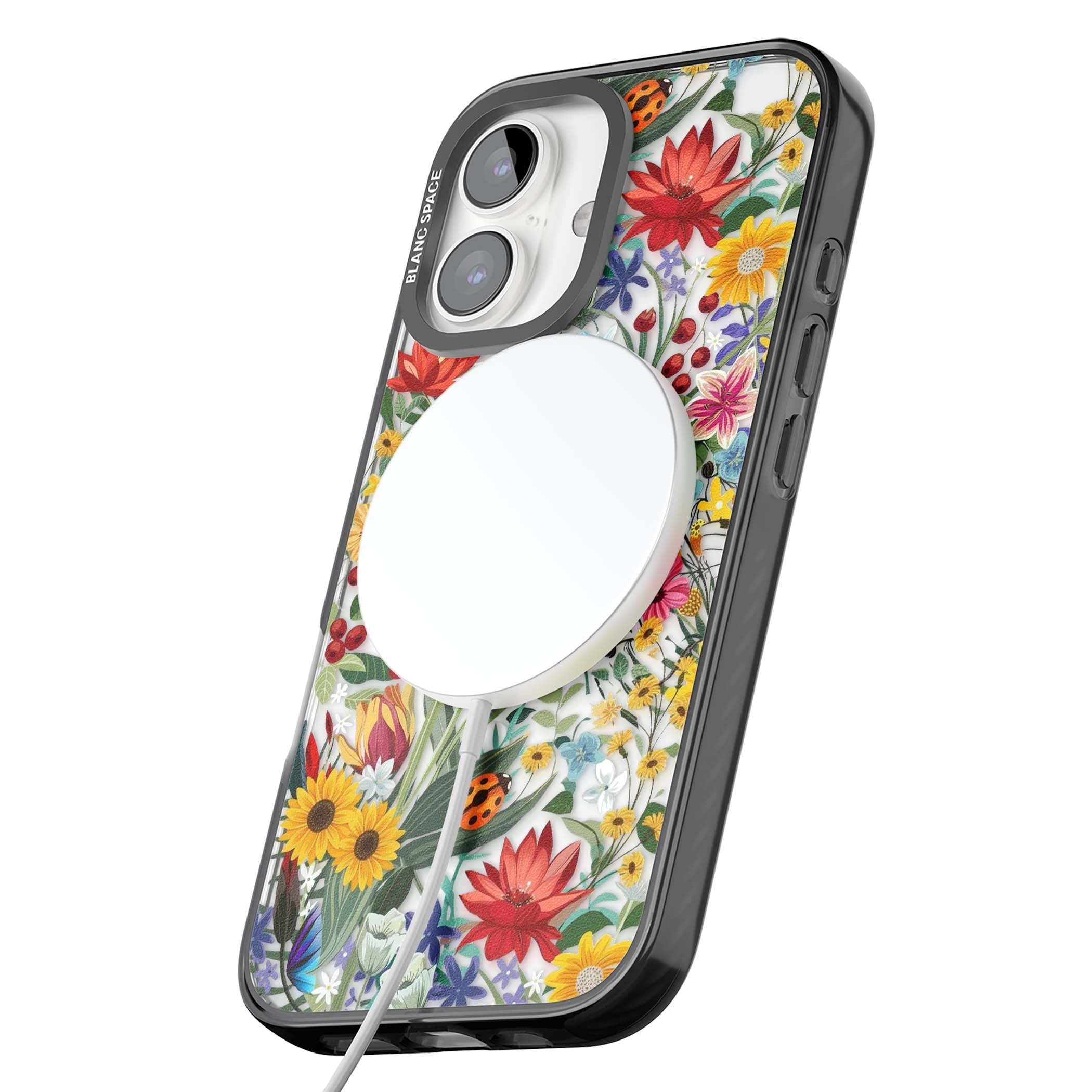 Botanical Bloom cottagecore iPhone case featuring colorful wildflowers, sunflowers, and ladybugs on clear background | Black Impact Magsafe case for iPhone 16, iPhone 16 Plus