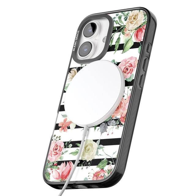 iPhone 16 Pro Max Bold Stripes & Flower Pattern Black Impact Phone Case