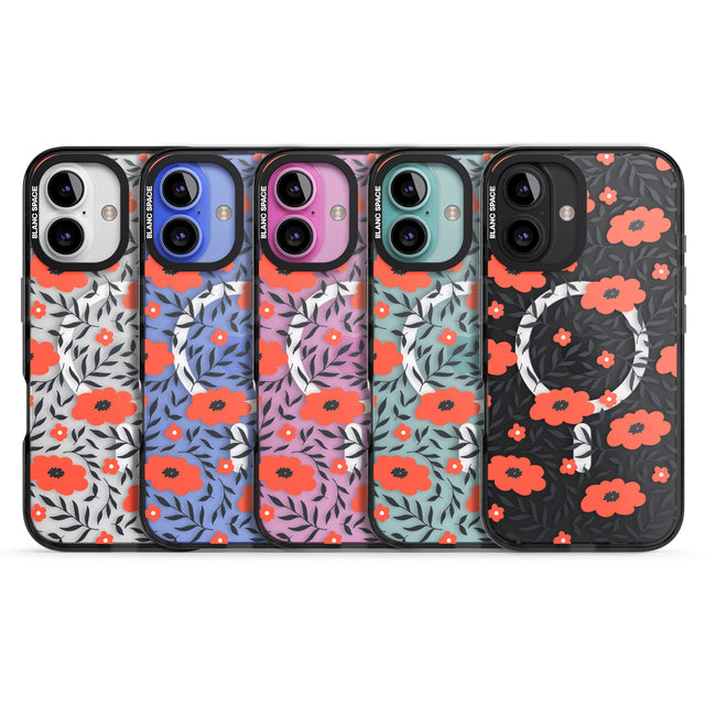 iPhone 16 Pro Max Red Poppy Transparent Floral Black Impact Phone Case