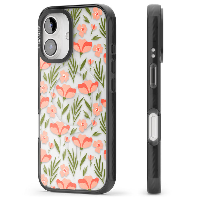 iPhone 16 Pro Max Pink Petals Transparent Floral Black Impact Phone Case