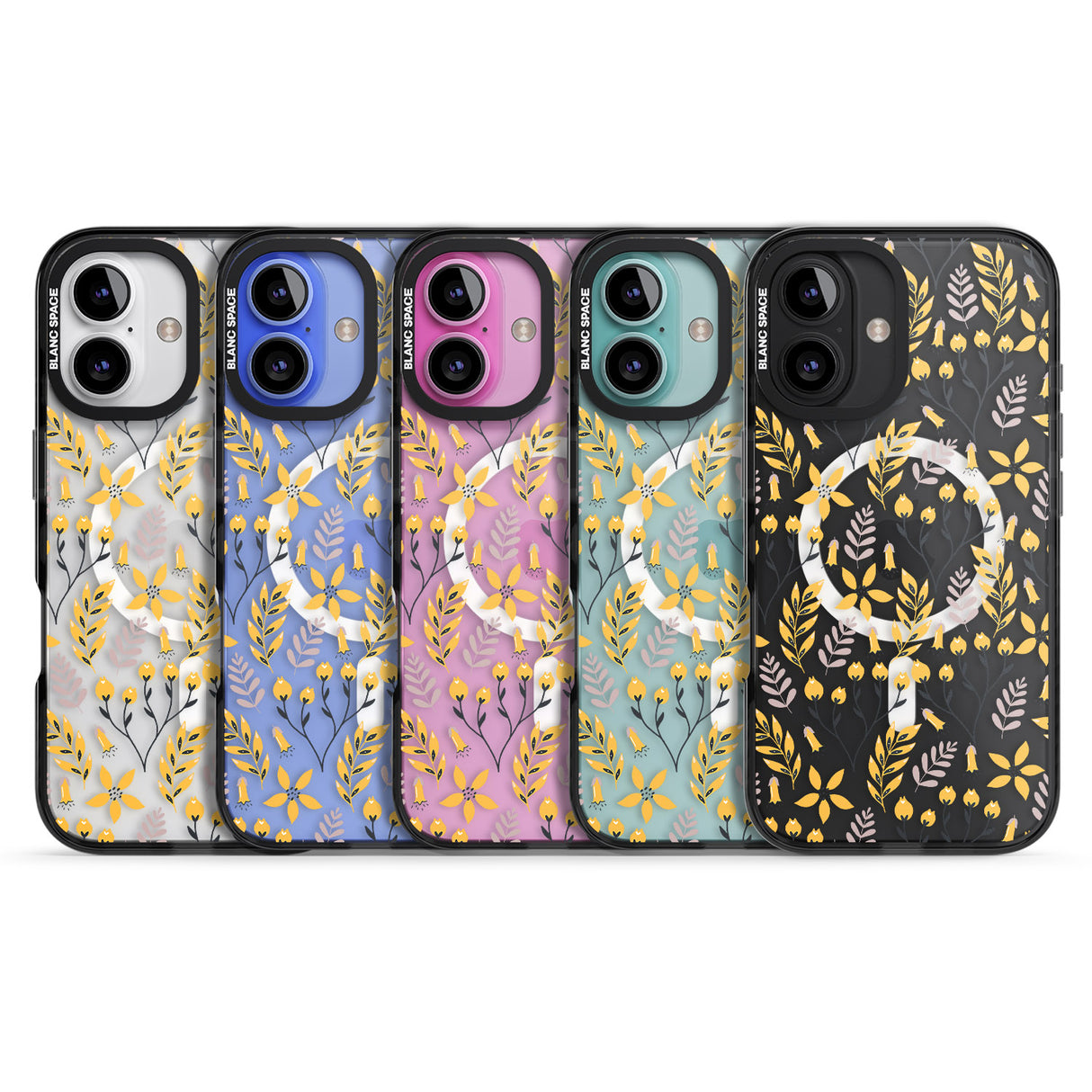 iPhone 16 Pro Max Yellow Leaves Transparent Floral Black Impact Phone Case