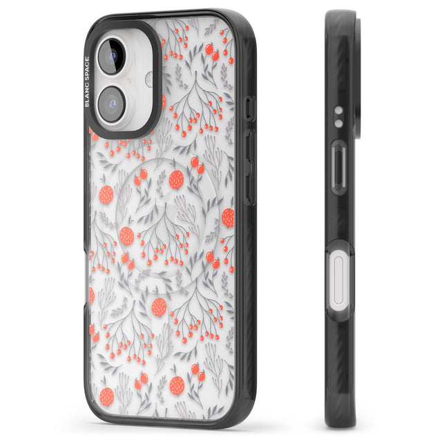 iPhone 16 Pro Max Red Fruits Transparent Floral Black Impact Phone Case