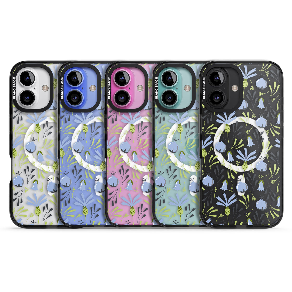 iPhone 16 Pro Max Blue Flora Transparent Floral Black Impact Phone Case