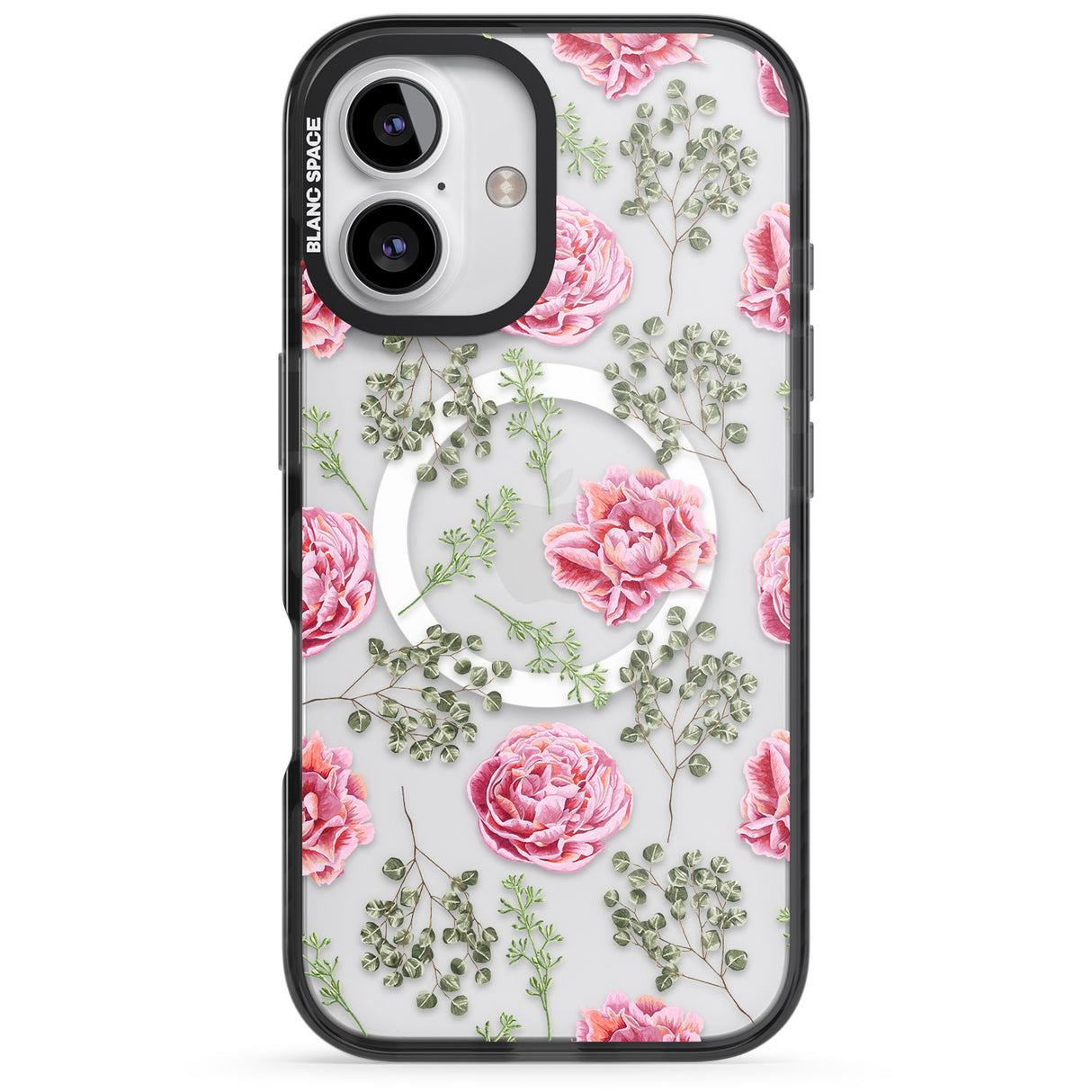 iPhone 16 Pro Max Roses & Eucalyptus Transparent Floral Black Impact Phone Case