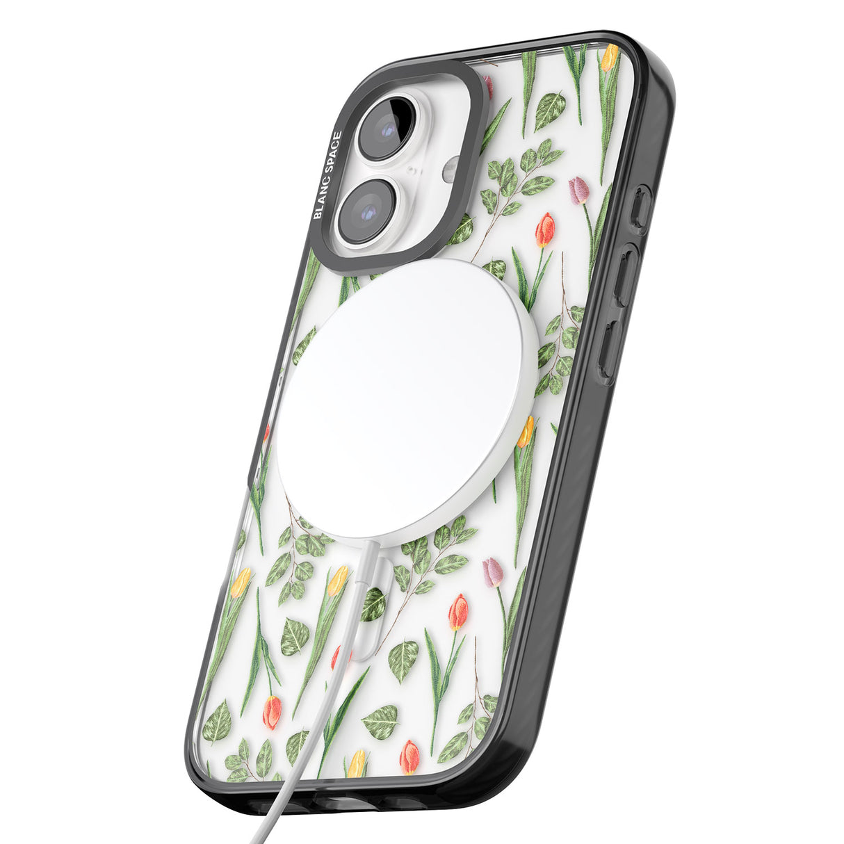 iPhone 16 Pro Max Spring Tulips Transparent Floral Black Impact Phone Case