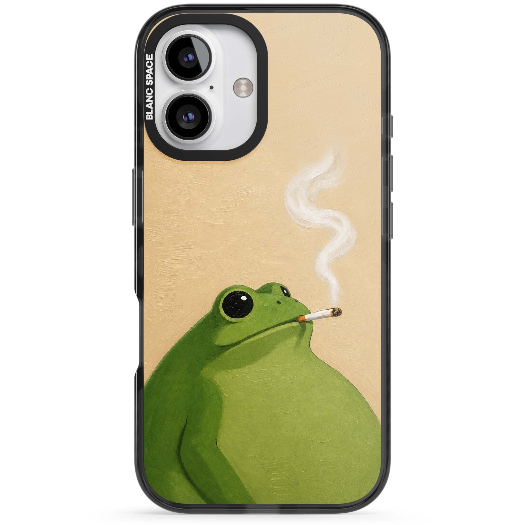 The Smoking Frog cottagecore iPhone case featuring a hand-painted green frog smoking a cigarette on a cream oil painting back | Black Impact Magsafe case for iPhone 16, iPhone 16 Plus