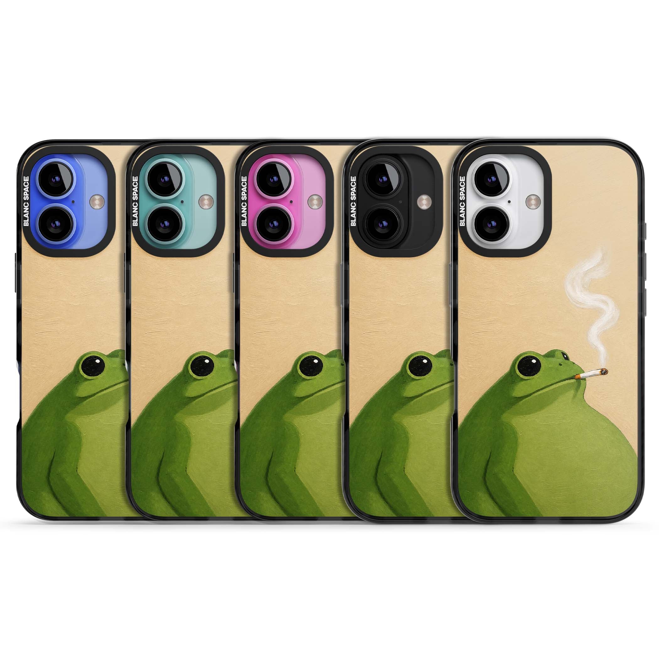 The Smoking Frog cottagecore iPhone case featuring a hand-painted green frog smoking a cigarette on a cream oil painting back | Black Impact Magsafe case for iPhone 16, iPhone 16 Plus