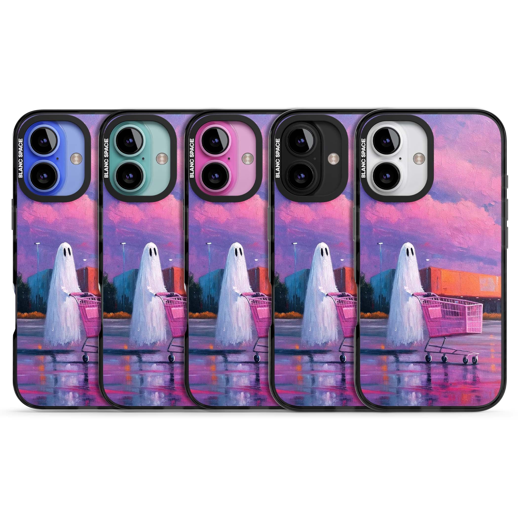 A Ghost's Errand ghost halloween iPhone case featuring a painted ghost, pink shopping trolley and purple sunset sky | Black Impact Magsafe case for iPhone 16, iPhone 16 Plus