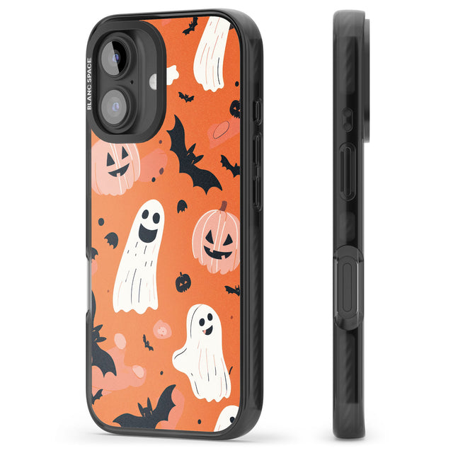 Orange Halloween Pattern Black Impact Magsafe Phone Case for iPhone 16, iPhone 16 Plus