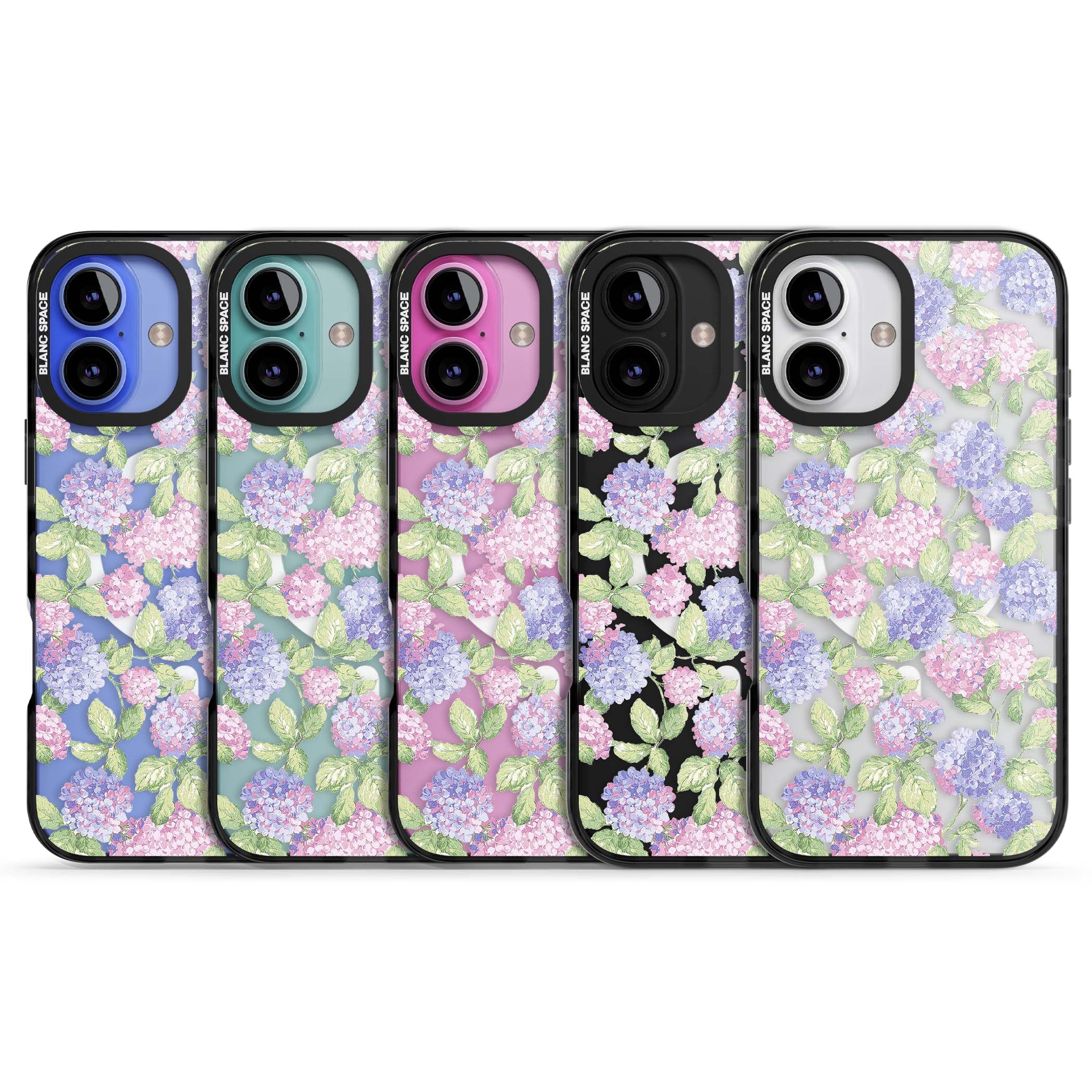 Cottage Hydrangea cottagecore iPhone case featuring pink and purple hydrangea blooms with green leaves on a clear background | Black Impact Magsafe case for iPhone 16, iPhone 16 Plus